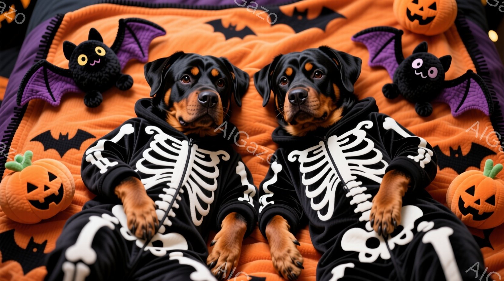黒い背景にオレンジ色の毛布が敷かれ、その上に2匹のドーベルマンが骸骨柄のパーカーを着て横たわっています。犬たちは正面を向き、やや退屈そうな表情でカメラを見ており、周囲にはハロウィーンの装飾であるカボチ - AI生成フリー素材
