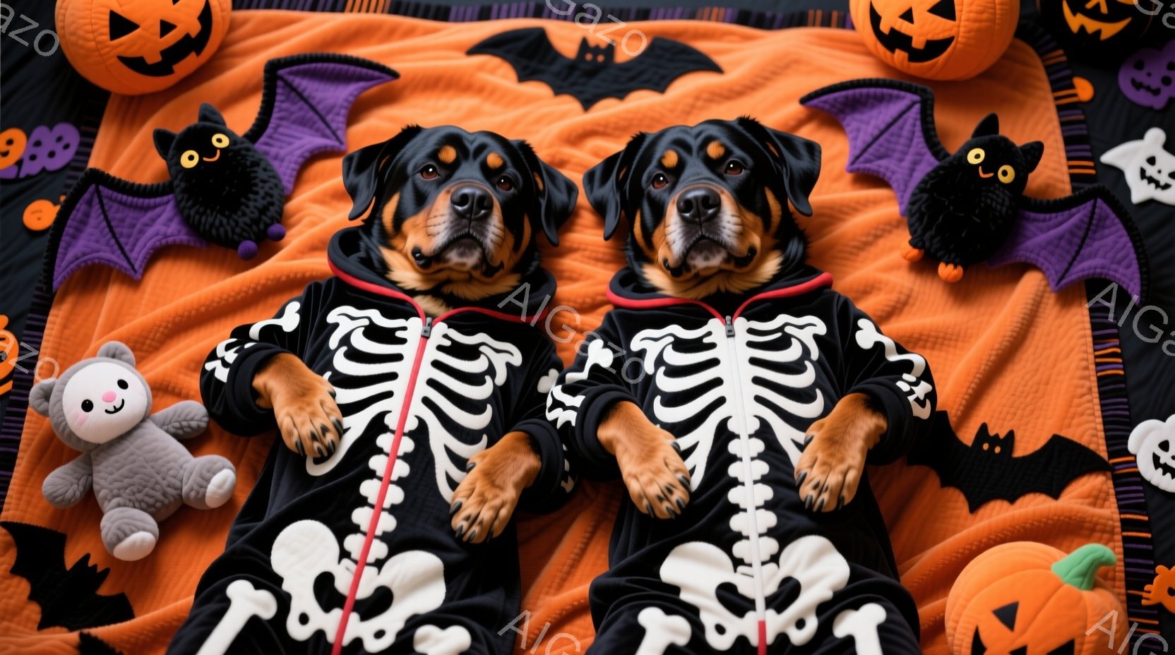 ハロウィーンの背景に身を寄せ合った２匹のドーベルマンが写っています。２匹とも、白い骸骨模様が施された黒いジッパー付きの衣装を着ており、落ち着いた表情でカメラを見ています。背景には、オレンジ色のカボチャ - AI生成フリー素材