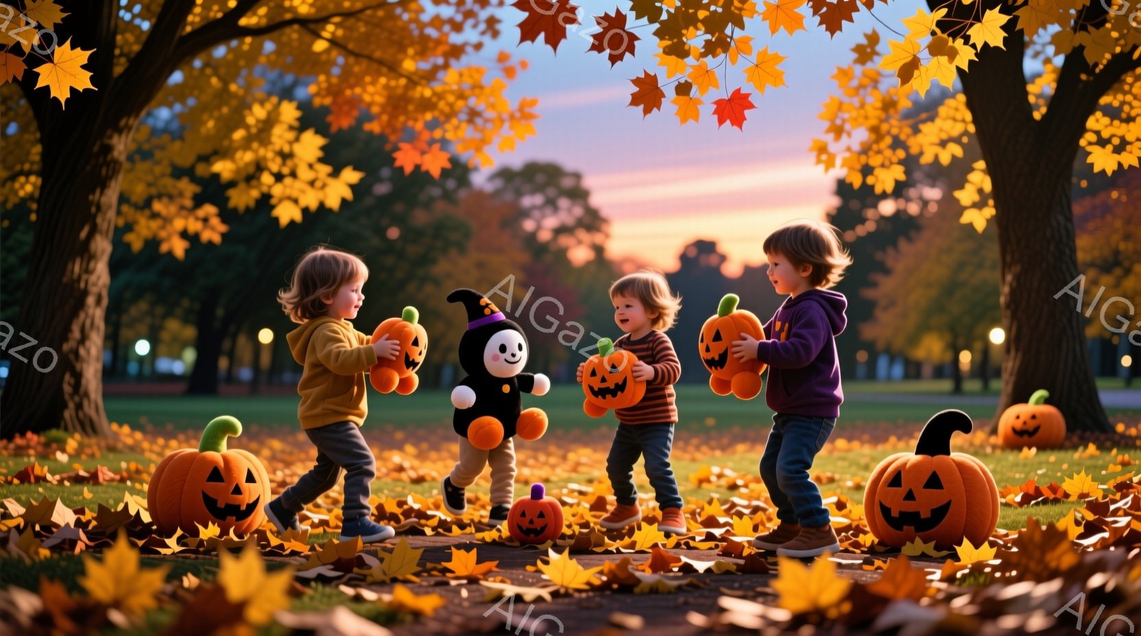 幼い子どもたちがハロウィーンの衣装を着て、カボチャのおもちゃを持って楽しそうに走り回っている様子が描かれている。背景には、オレンジ色と黄色の葉が散りばめられた道と、夕焼け空の下の木々が広がっており、秋 - AI生成フリー素材