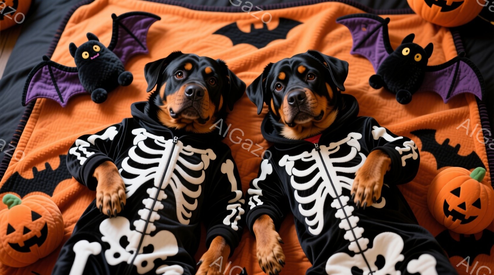 鮮やかなオレンジ色の背景に、骸骨模様の衣装を着た2匹のドーベルマンが横たわっています。犬たちはリラックスした表情で、おもちゃのコウモリとカボチャに囲まれており、ハロウィーンの雰囲気を楽しんでいるようで - AI生成フリー素材