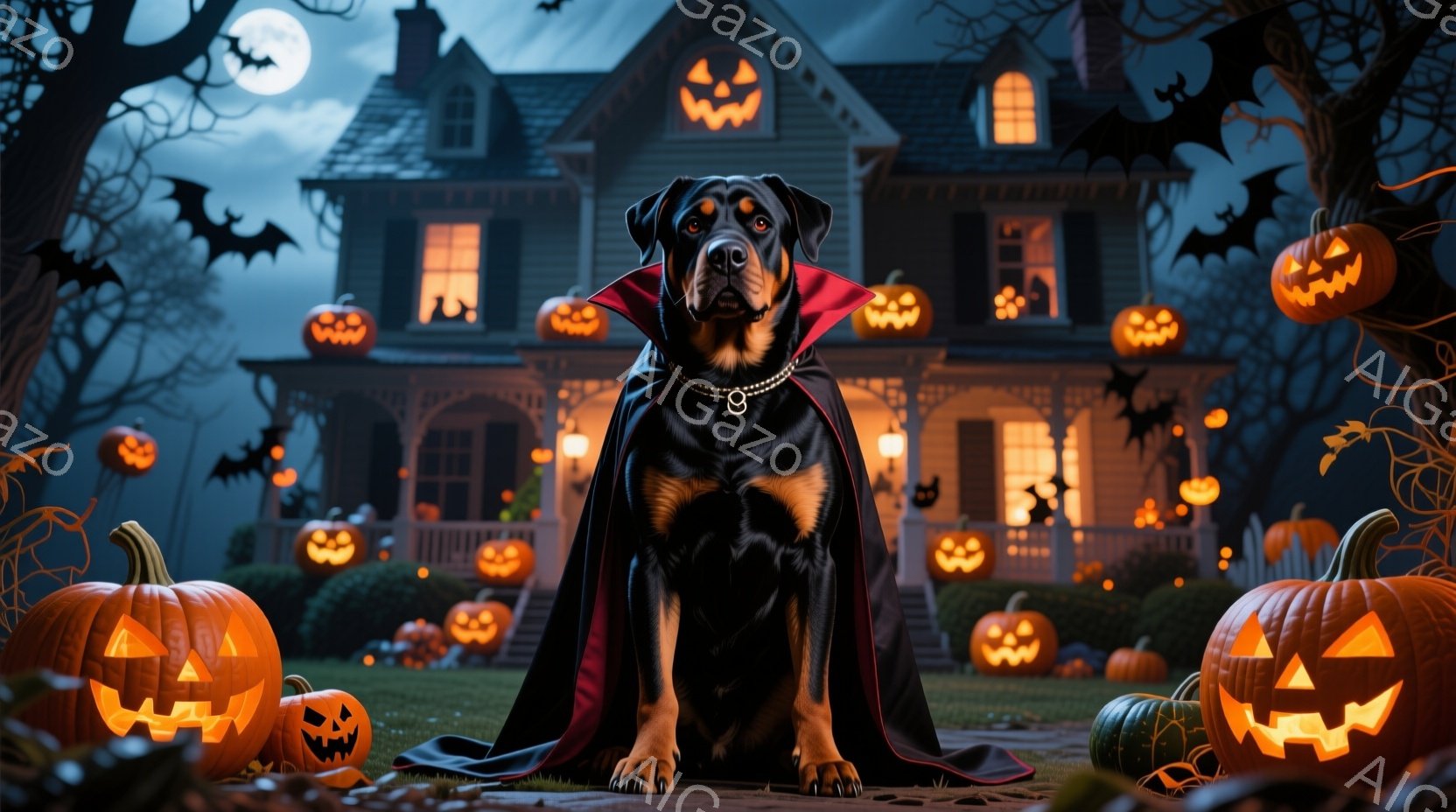 黒い毛並みの犬が、赤いマントと首輪を身に着け、不気味な表情で正面を向いています。背景には、たくさんのジャック・オ・ランタンが飾られた古い屋敷と、暗い夜空に浮かぶ満月、そして黒いシルエットのコウモリが描 - AI生成フリー素材