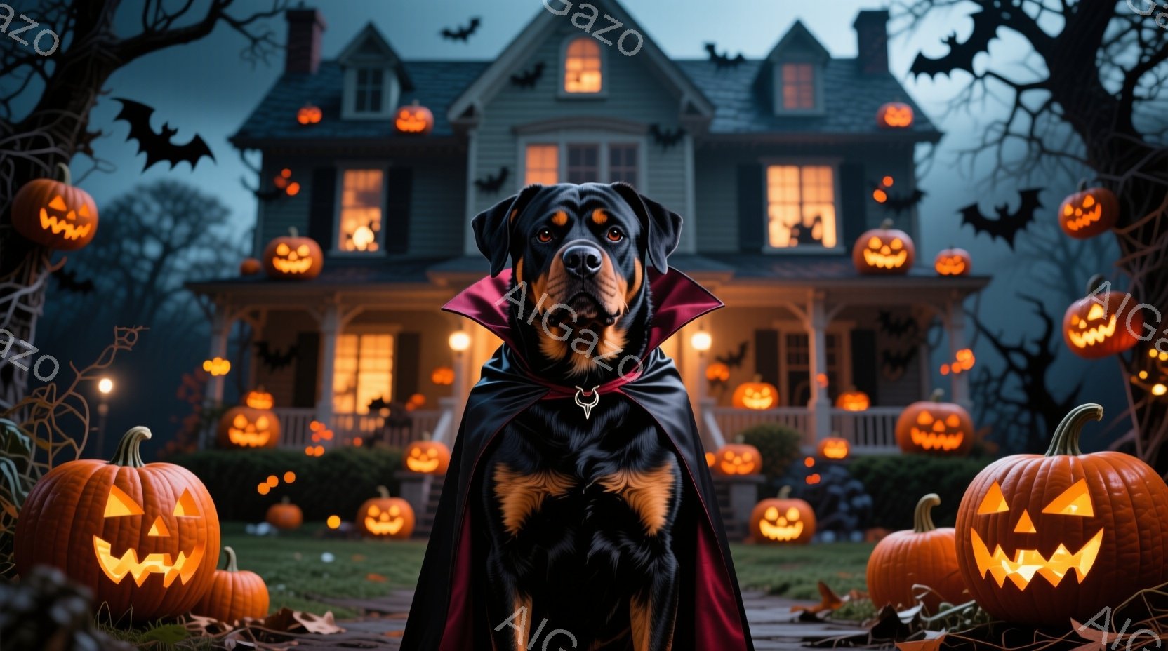 黒い毛並みのドーベルマンが、吸血鬼風の黒いマントと赤い襟を付けて正面を見据えています。背景には、ハロウィーンの装飾が施された家が広がり、庭にはジャック・オ・ランタンが並び、暗い空にはコウモリが飛び交っ - AI生成フリー素材
