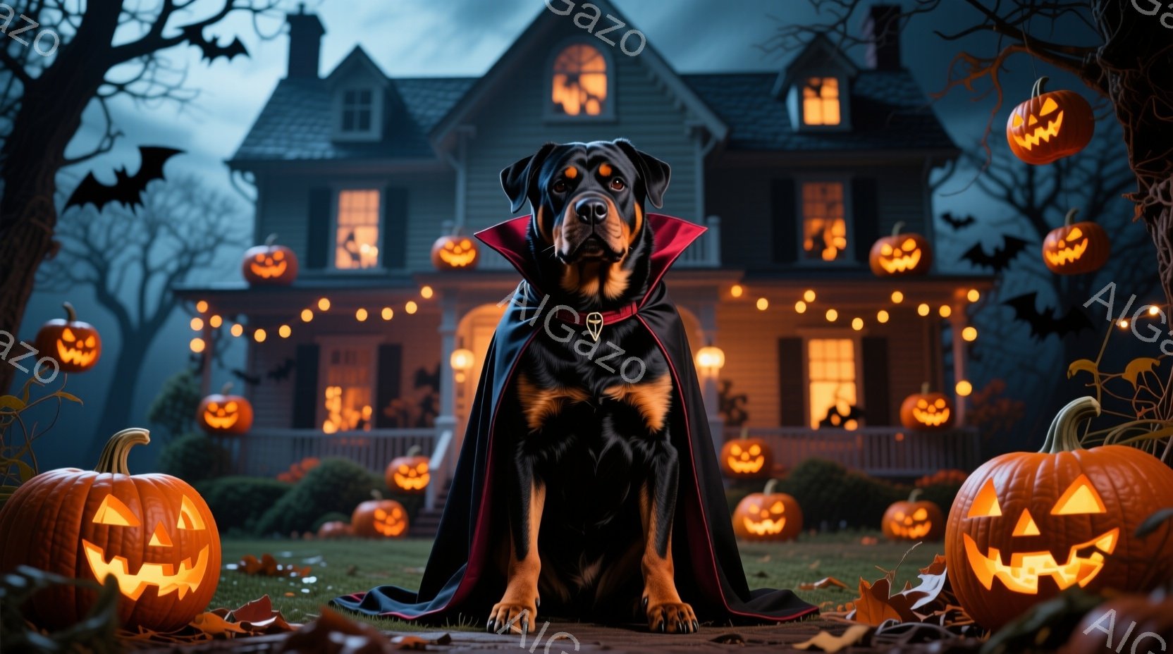 黒い毛並みの犬が、ハロウィーンの衣装である黒いマントと赤い襟を付けて座っています。背景には、カボチャのランタンで飾られた二階建ての家が薄暗い夜空のもとに見え、ハロウィーンの夜の雰囲気を醸し出しています - AI生成フリー素材