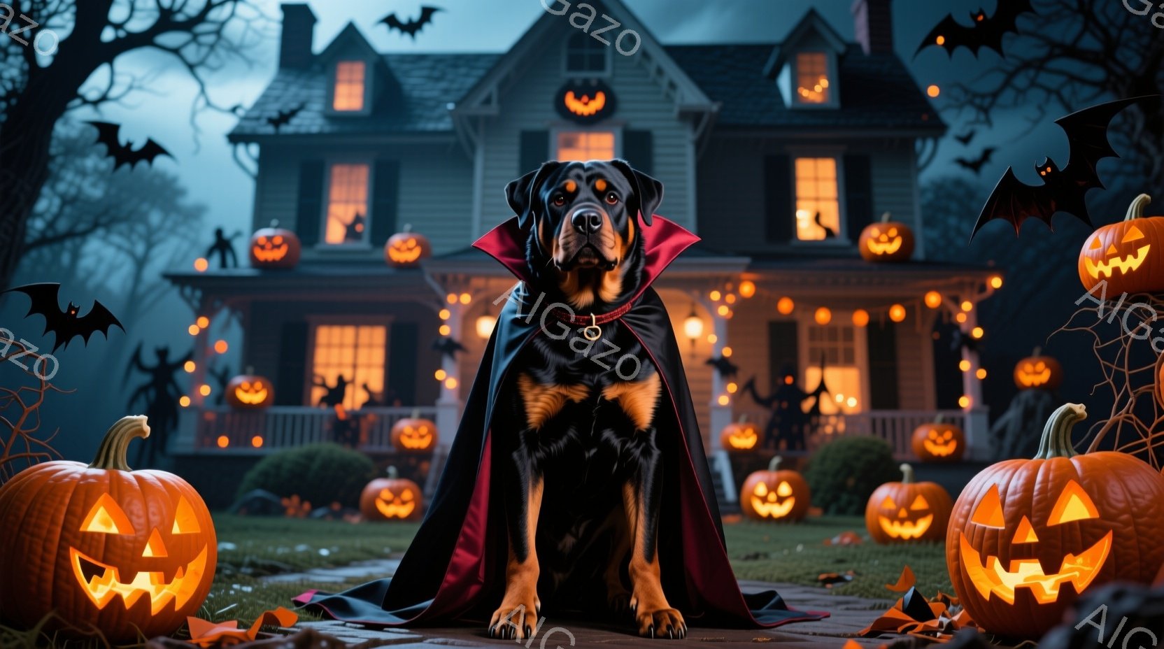 黒い毛並みの犬が、ハロウィーンらしい黒いマントを羽織り、首輪をつけて正面を見据えています。背景には、たくさんのジャック・オ・ランタンで飾られた二階建ての家があり、庭には落ち葉が散らばっています。夜空に - AI生成フリー素材