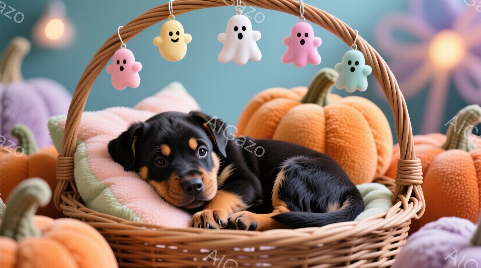 黒と茶色の毛並みの子犬が、柔らかいピンクと水色の布で縁取られた籐のバスケットの中で丸まって眠っています。背景には、さまざまな大きさのオレンジ色のカボチャが置かれ、バスケットの上には愛らしいゴーストの飾 - AI生成フリー素材