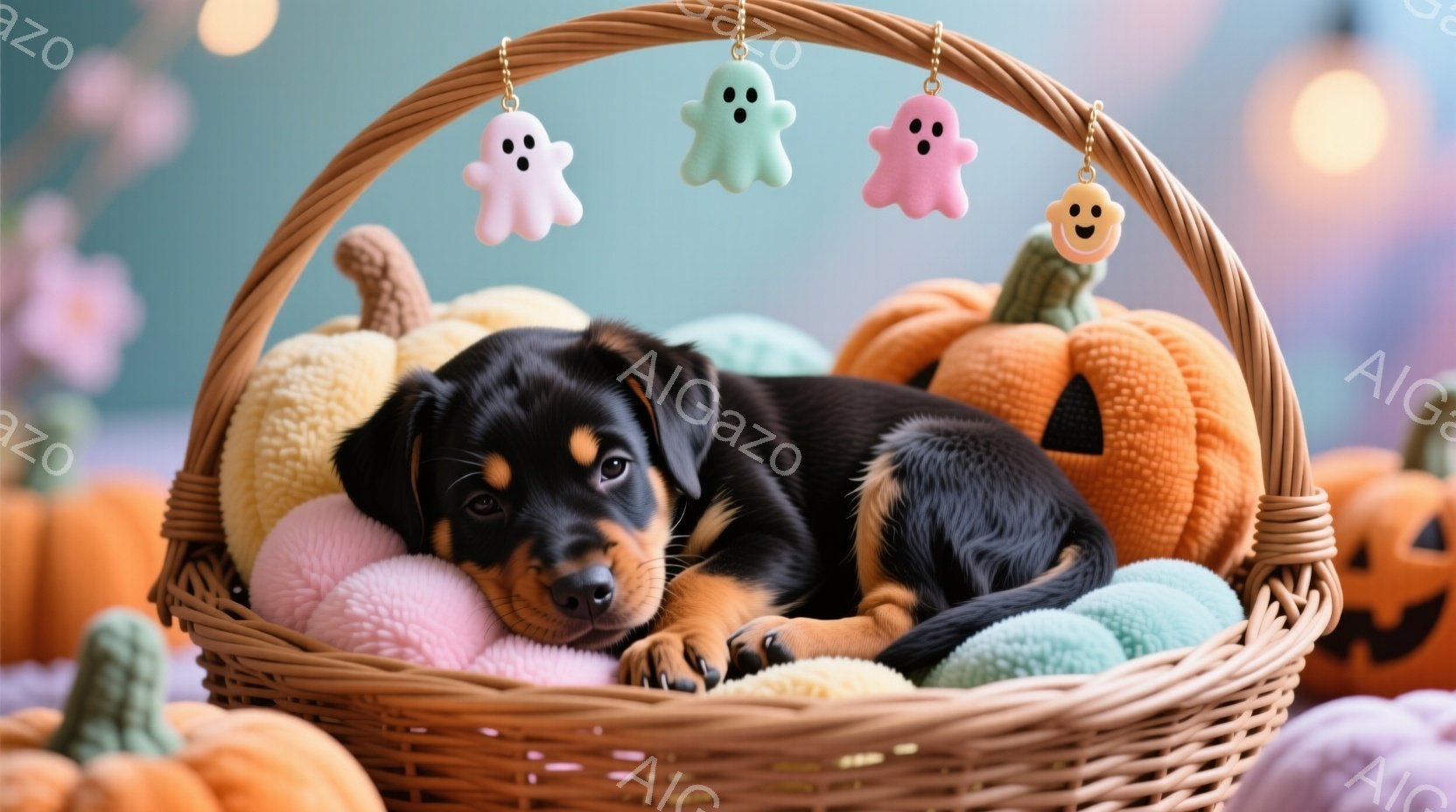 籠の中に子犬が丸まって眠っています。子犬は黒と茶色の毛並みで、とても可愛らしい表情をしています。背景にはオレンジ色のカボチャやパステルカラーの幽霊の飾りがあり、秋の季節やハロウィーンの雰囲気を醸し出し - AI生成フリー素材