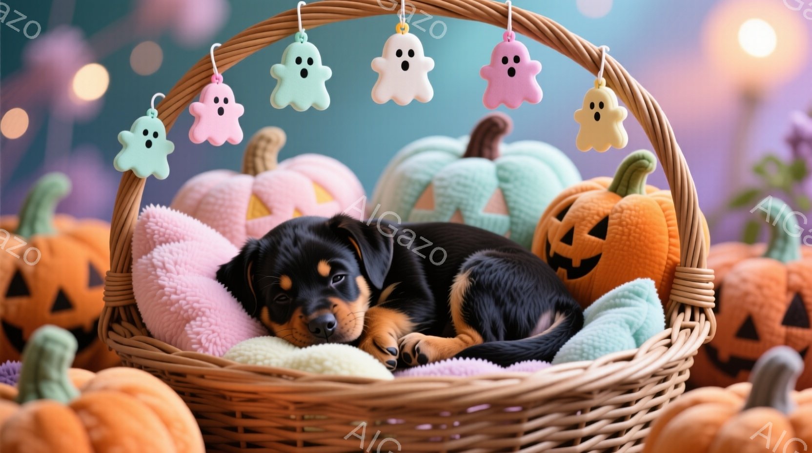 籠の中に黒と茶色のパピーが丸まって眠っています。背景にはオレンジや水色のハロウィーンカボチャが散りばめられ、上には可愛らしいお化けの飾り付けが吊るされています。全体的に暖かく、ハロウィーンらしい雰囲気 - AI生成フリー素材