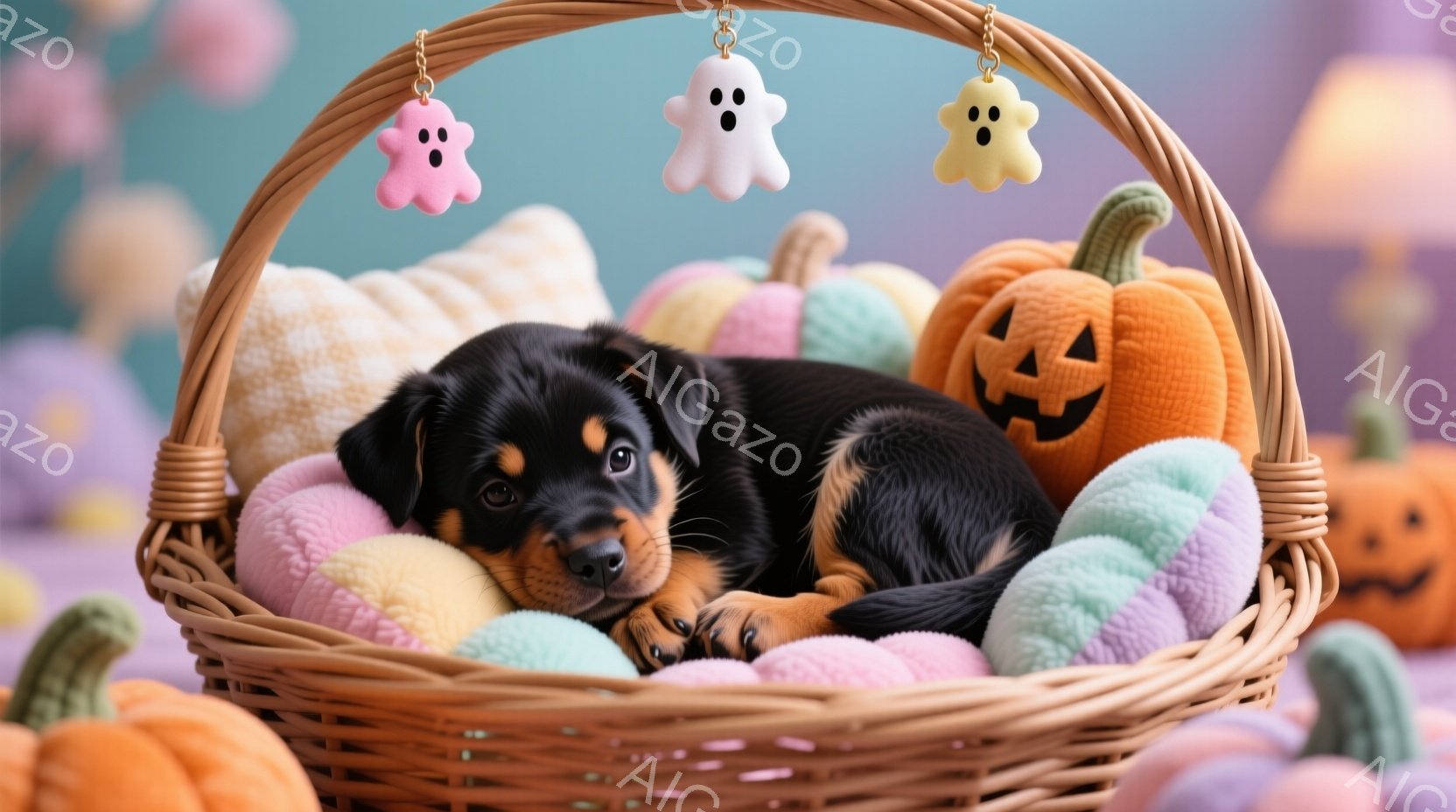 小さな黒とタン色のパピーが、柔らかいパステルカラーのクッションが敷かれた籐のバスケットの中で丸まって眠っています。背景には、ハロウィーンを思わせるオレンジと紫のカボチャやゴーストの飾りがあり、全体的に - AI生成フリー素材