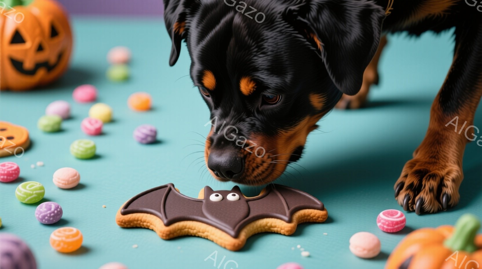 黒い毛並みの犬が、ハロウィーンを象徴するコウモリの形のクッキーに鼻を近づけています。背景にはカラフルなキャンディーや可愛らしいパンプキンが散りばめられており、ハロウィーンの雰囲気を盛り上げています。全 - AI生成フリー素材