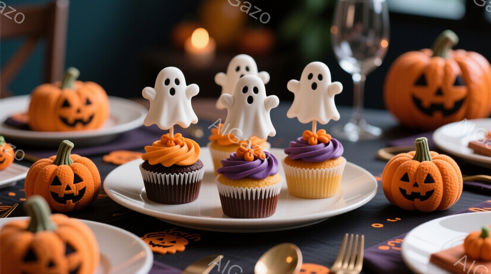 ハロウィーンをテーマにしたテーブルセッティングで、オレンジ、紫、白のクリームが飾られたカップケーキが白い皿に並んでいます。各カップケーキには可愛らしいお化けの飾りがあり、テーブルの周りには小さなジャッ - AI生成フリー素材