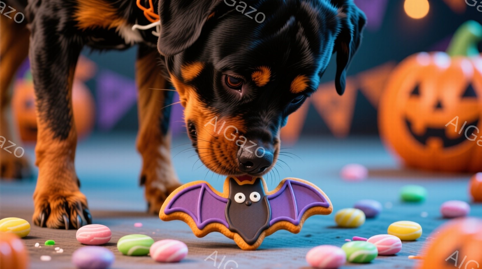 茶色の毛並みを持つ子犬が、バット型のクッキーを口にくわえています。背景には、カラフルなキャンディーが散らばり、ハロウィーンのランタン（ジャック・オ・ランタン）がぼんやりと見え、お祭り騒ぎの楽しい雰囲気 - AI生成フリー素材