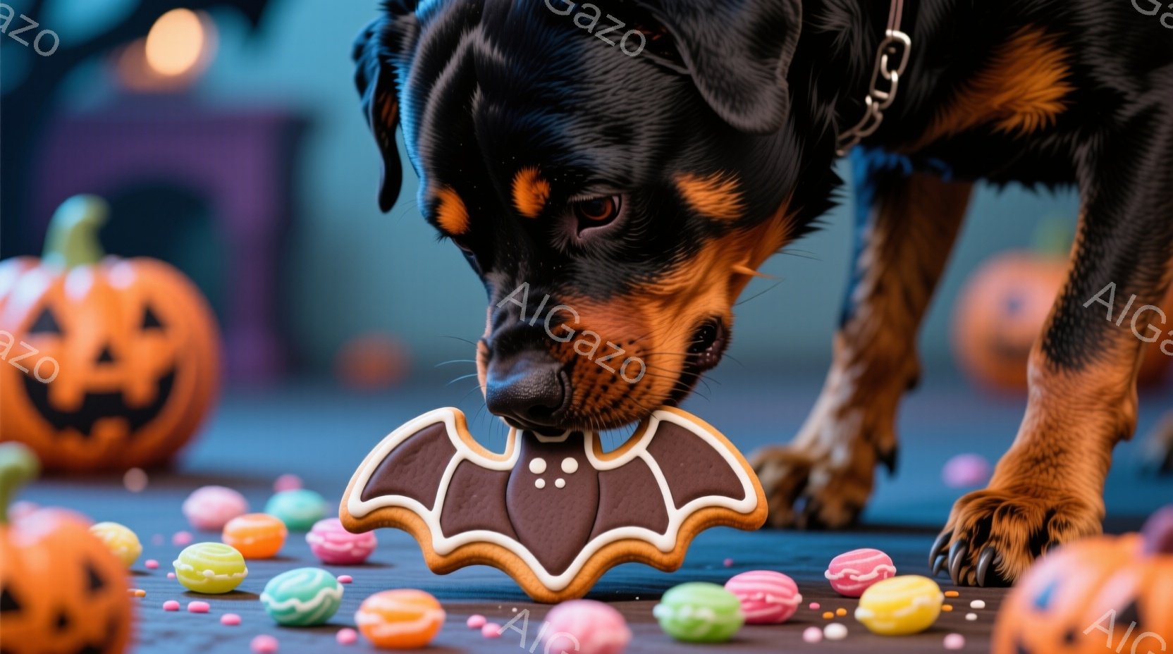 黒い毛並みの犬が、ハロウィーンを象徴するコウモリの形をしたクッキーを口にくわえています。周囲にはカラフルなキャンディーが散らばり、背景にはジャック・オ・ランタンがぼんやりと光っており、ハロウィーンの楽 - AI生成フリー素材