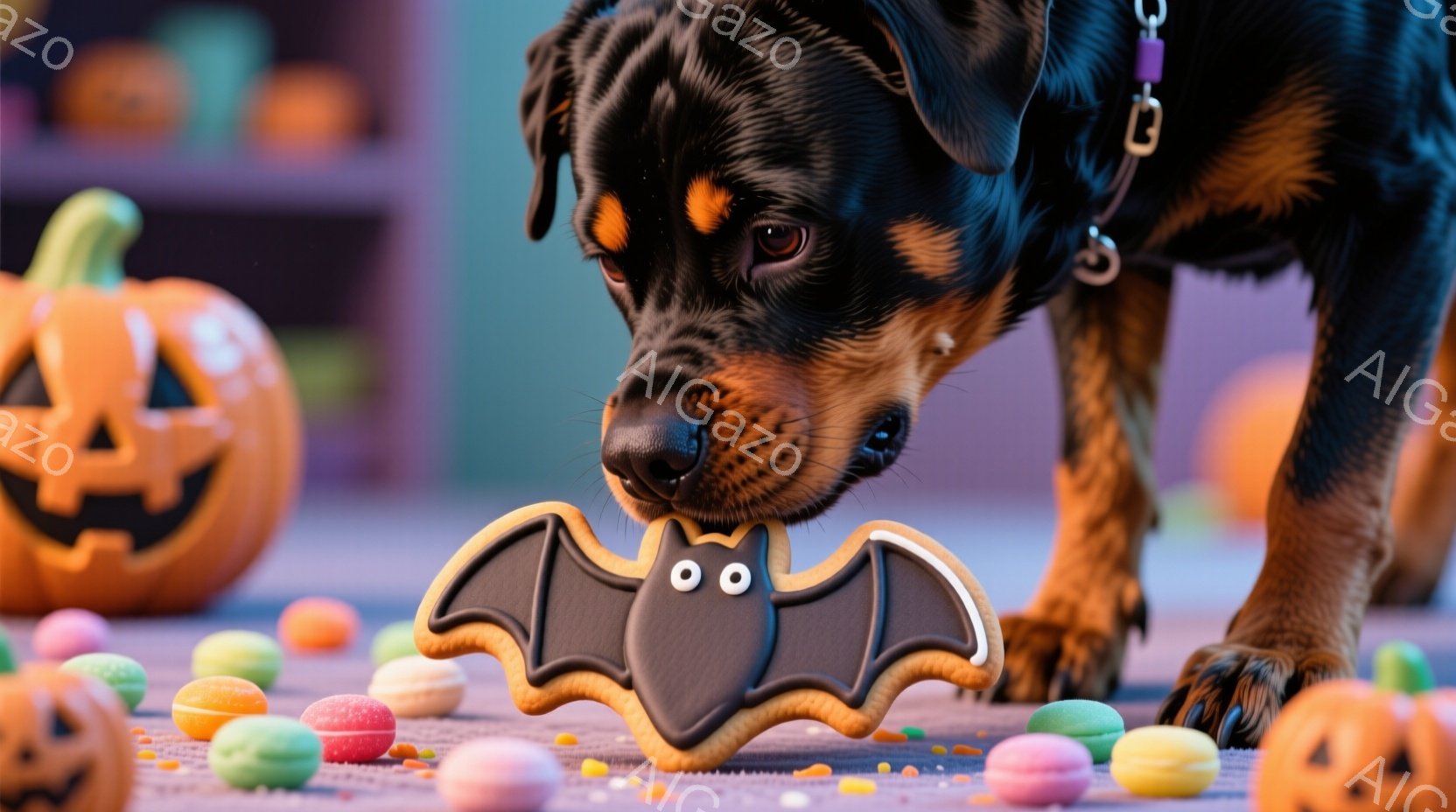 黒い毛並みで茶色のアクセントが入ったドーベルマンが、ハロウィーンのクッキーであるコウモリの形をしたビスケットに鼻を近づけています。背景には、オレンジ色のジャック・オ・ランタンと色とりどりのマカロンやキ - AI生成フリー素材