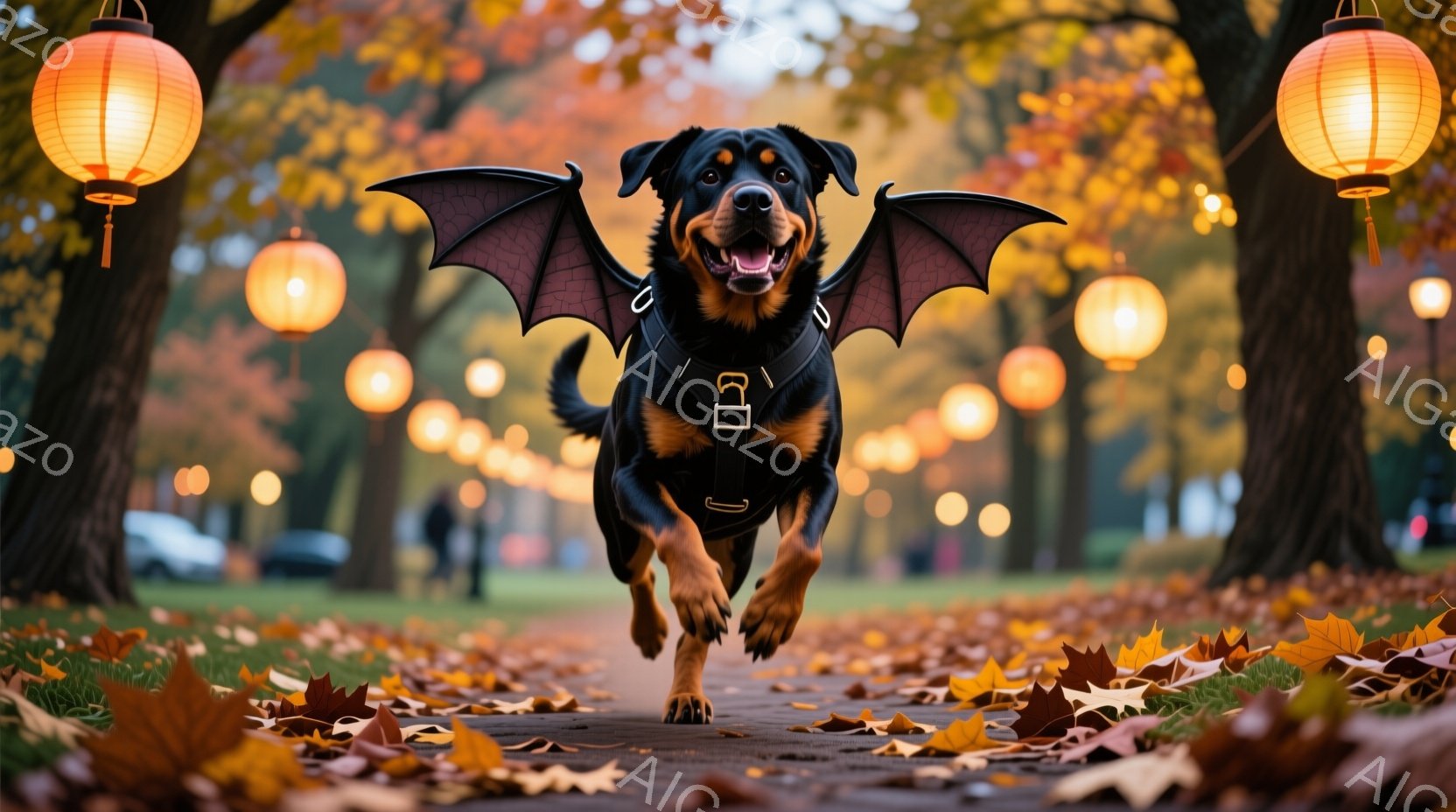 黒い毛並みのドーベルマンが、ハロウィーンのコスチュームとして背中に黒い羽を付けて、落ち葉が散らばる遊歩道を勢いよく走っている。背景にはオレンジ色の光を放つ提灯が並び、木々の葉は秋色に染まっており、暖か - AI生成フリー素材