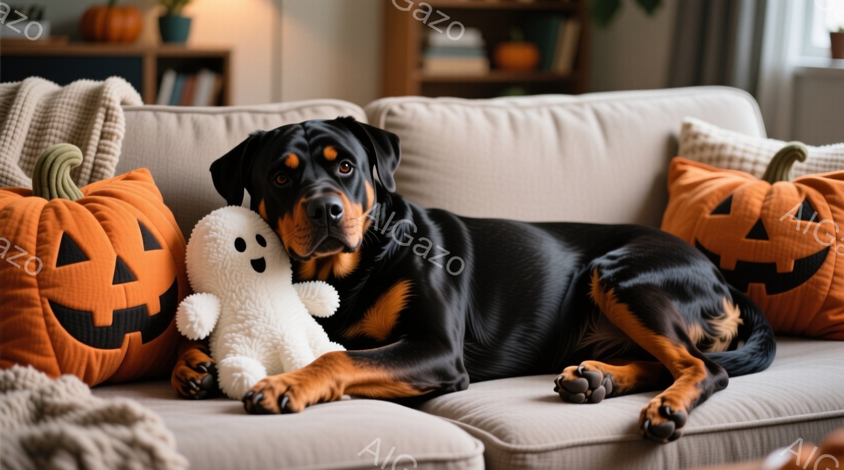 黒い毛並みと茶色のアクセントを持つロットワイラーが、ハロウィーンをテーマにしたオレンジ色のカボチャのクッションに囲まれた灰色のソファでくつろいでいます。白いゴーストのぬいぐるみは犬の隣に置かれ、リラッ - AI生成フリー素材