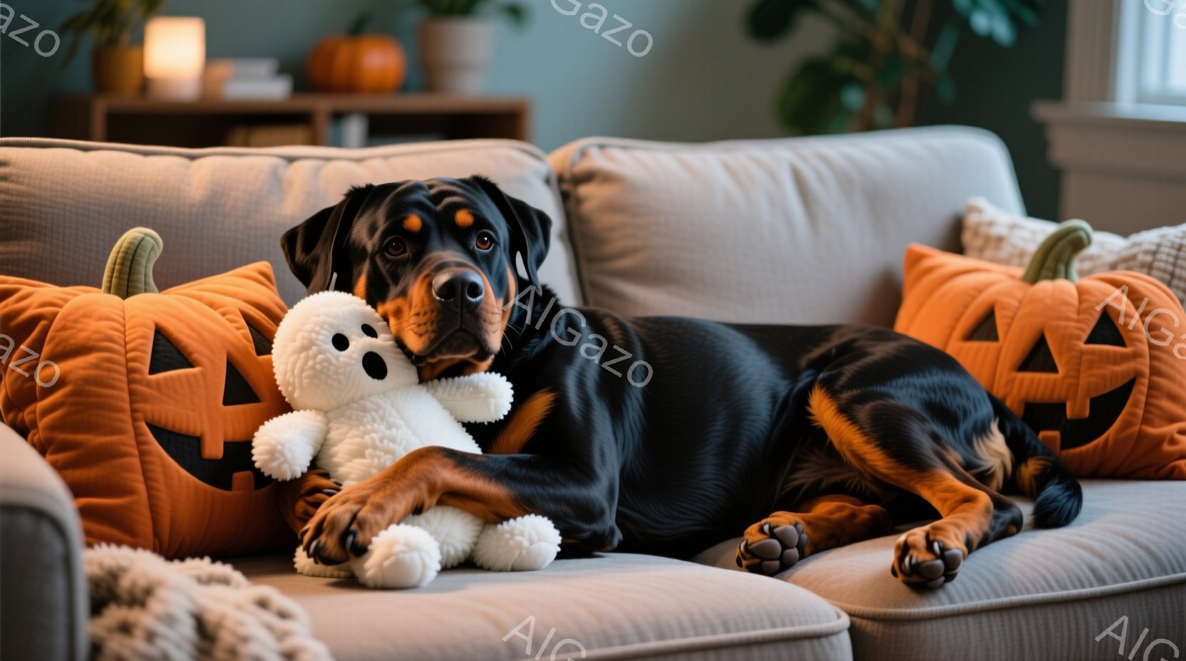 濃い黒と茶色の毛並みを持つ大型犬が、ハロウィーン風のオレンジ色のカボチャ型クッションに寄りかかって横たわっています。犬はリラックスした表情で、白いゴーストの人形を前足で抱えています。背景には、植物や家 - AI生成フリー素材