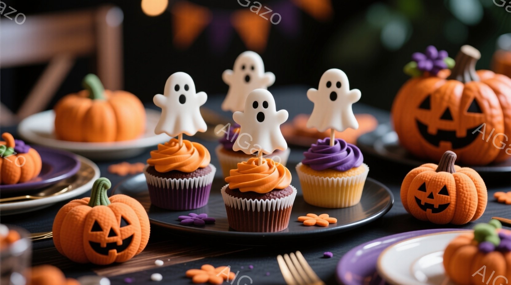 ハロウィーンをテーマにしたお菓子がテーブル上に並べられています。オレンジと紫色のカップケーキに、可愛らしいお化けのピックが飾られ、周りにはジャック・オ・ランタンの形をしたクッキーやオレンジ色の小さなカ - AI生成フリー素材