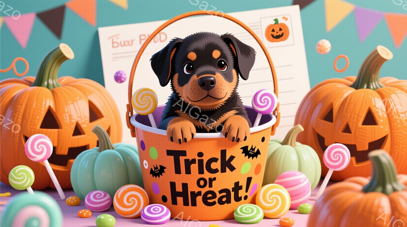 小さな黒い犬がオレンジ色のハロウィーンのバケツから顔を出しています。バケツには「トリック・オア・トリート！」と書かれており、周囲にはカラフルなキャンディとジャック・オー・ランタンが散らばっています。全 - AI生成フリー素材