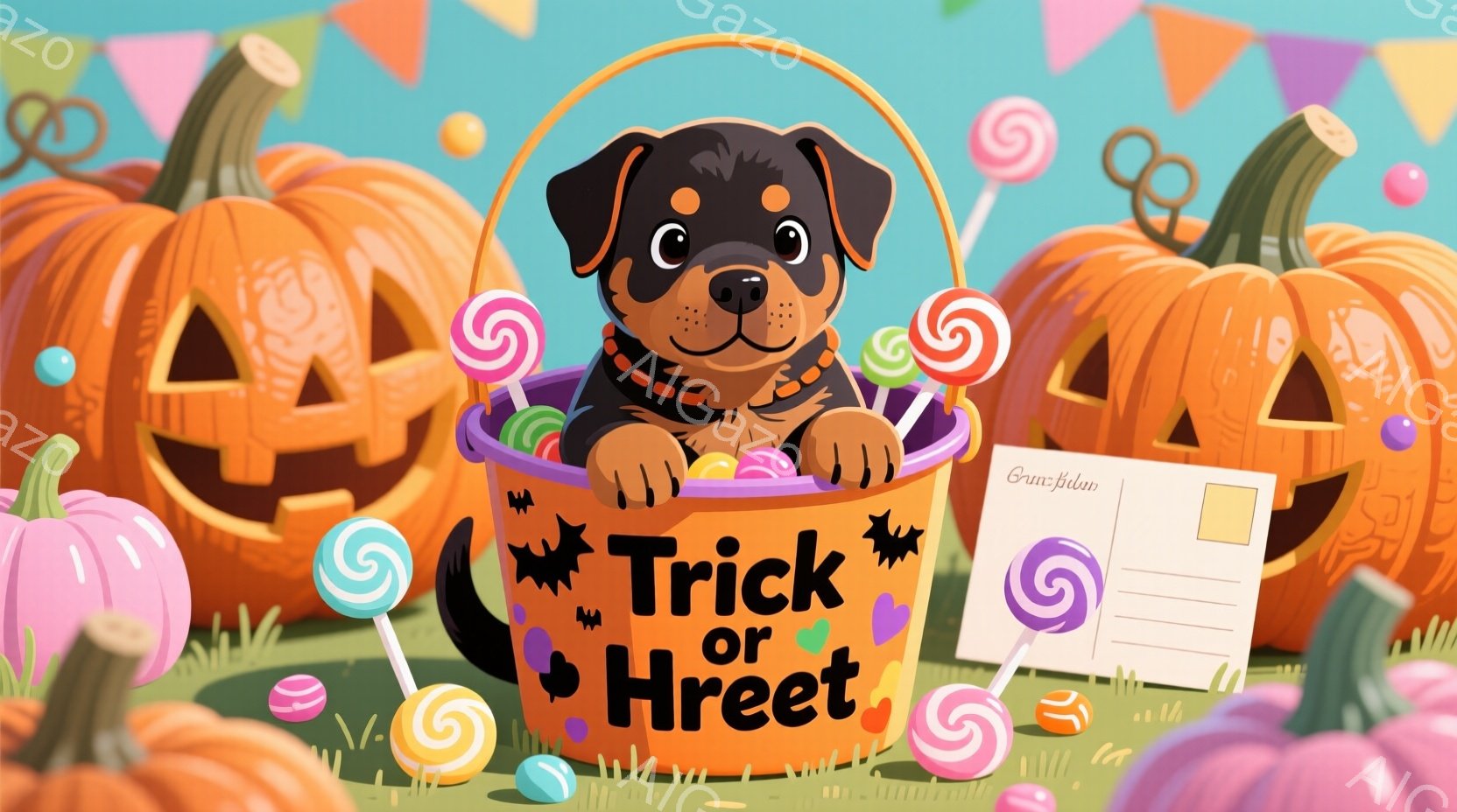 オレンジと紫色の背景に、様々なハロウィーンの飾りが散りばめられています。黒い毛並みの小さな犬がオレンジ色のバケツの中から顔を出し、バケツには「Trick or Treat」と書かれています。背景には、 - AI生成フリー素材