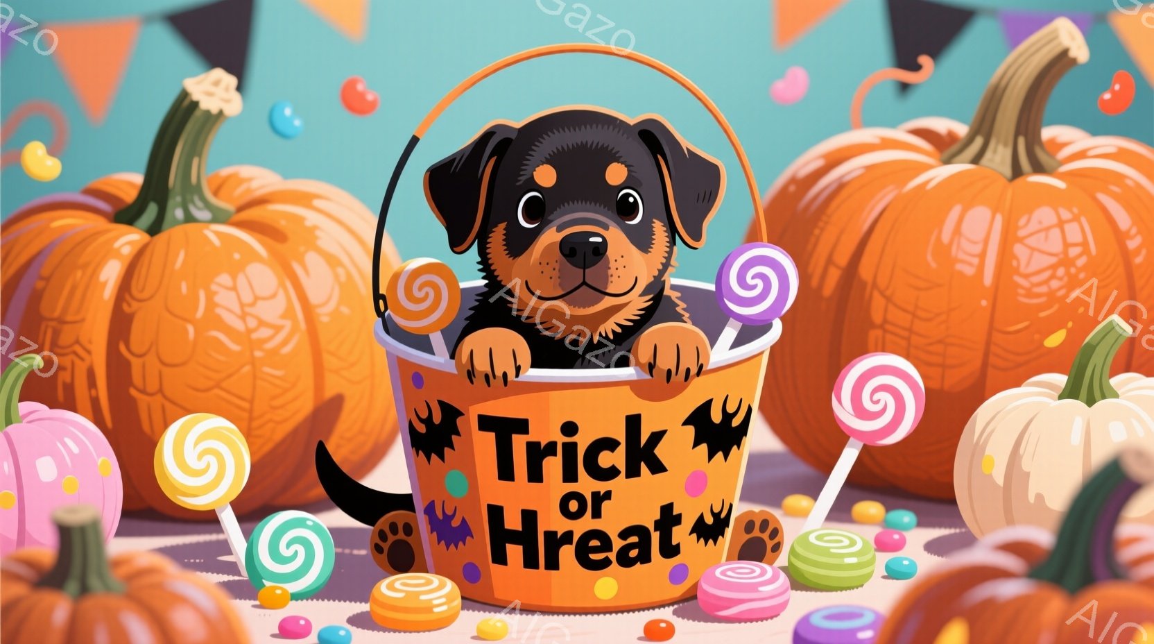 オレンジ色の背景に、ハロウィーンの飾りとカボチャが並んでいます。小さな黒い子犬が「Trick or Treat」と書かれたバスケットから顔を出し、可愛らしい表情をしています。カラフルなキャンディーがバ - AI生成フリー素材