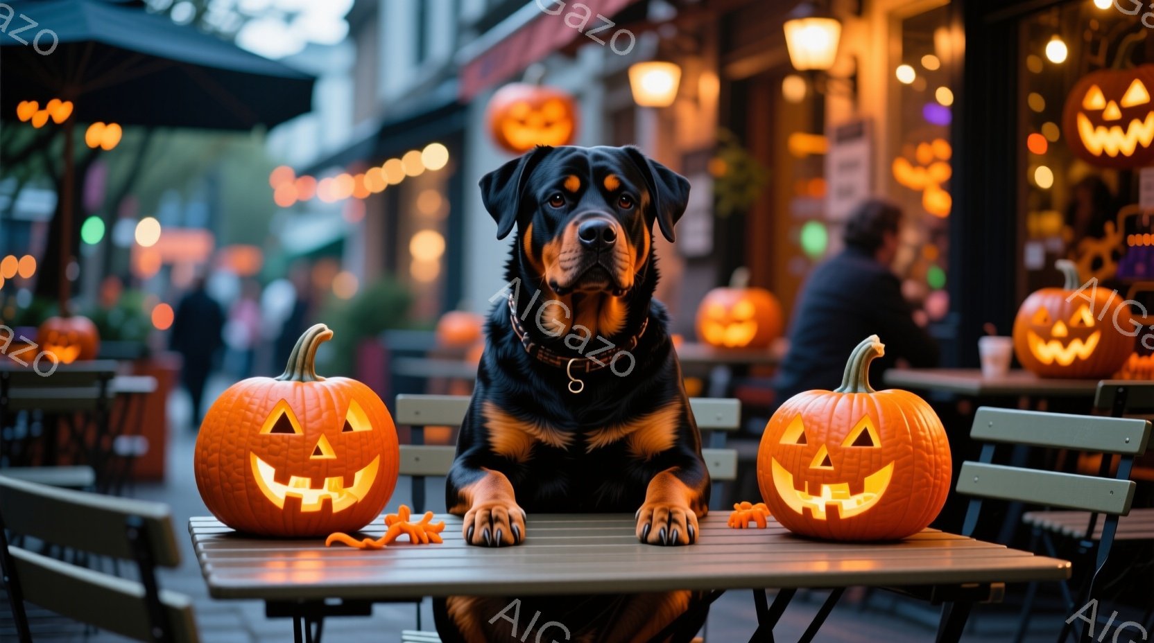 黒い毛並みのドーベルマンが、ハロウィーンの装飾がされたテーブルに座っています。左右には彫刻が施されたオレンジ色のカボチャが置かれ、犬はまっすぐ前を見て穏やかな表情を浮かべています。背景にはぼやけた人々 - AI生成フリー素材