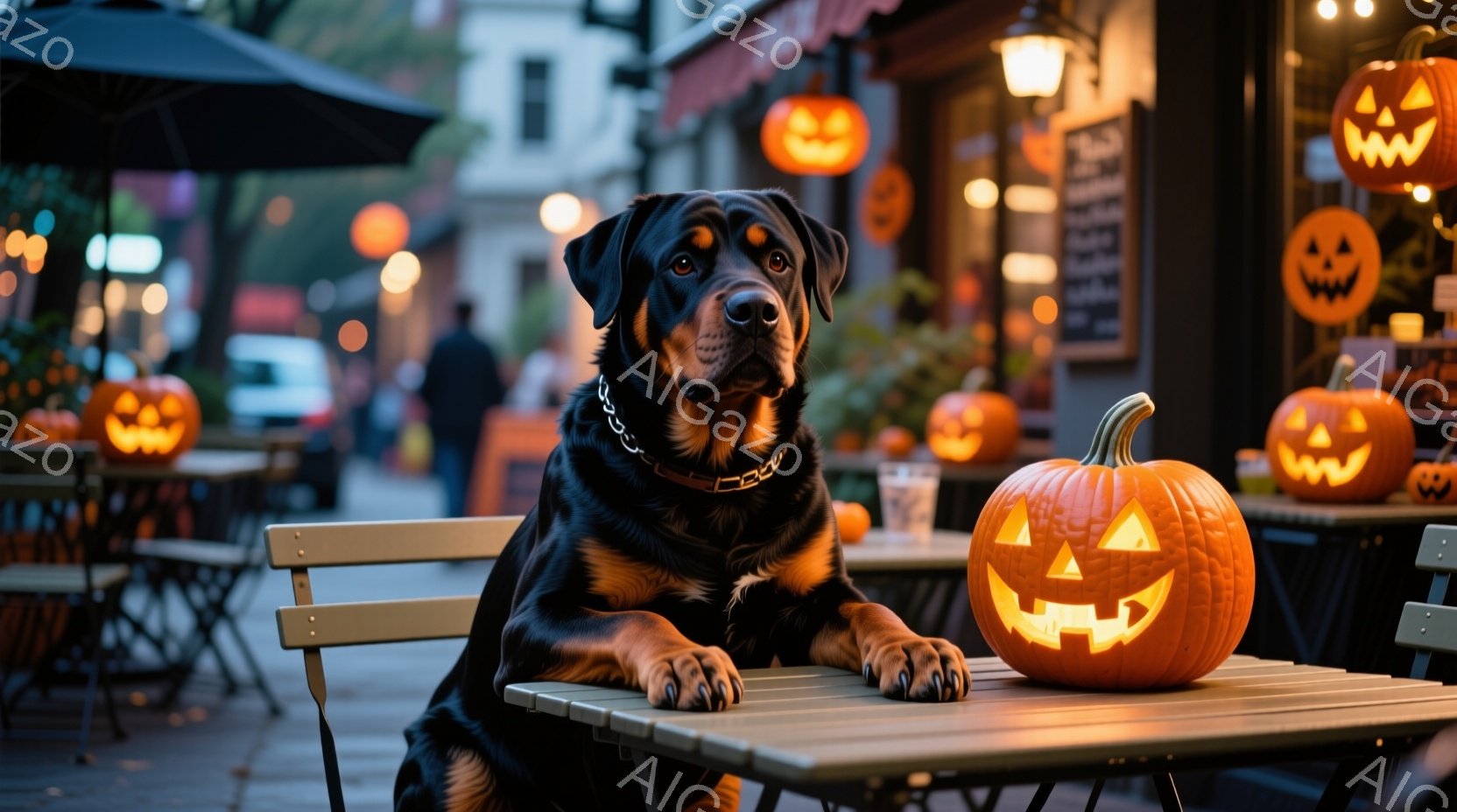 黒褐色のローゼンハール犬が屋外のカフェのテーブルに前足をかけて座っており、彫刻されたジャック・オ・ランタンの横に寄りかかっています。背景には、ハロウィーンの装飾で飾られた建物や、ぼんやりと見える歩行者 - AI生成フリー素材
