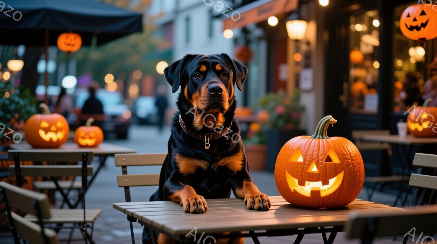 黒い毛並みのドーベルマン犬が、ハロウィーンの装飾がされた屋外カフェのテーブルに座っています。犬は落ち着いた表情で正面を見つめ、テーブルの上のジャック・オ・ランタンの横に前足を置いている。背景にはぼやけ - AI生成フリー素材