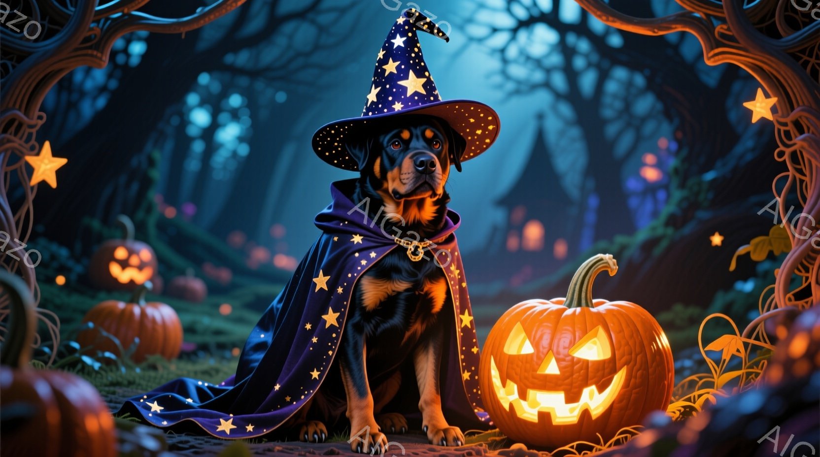 黒い毛並みの犬が、星が散りばめられた黒いマントと先のとがった帽子を身につけ、ハロウィーンの魔法使いに変身しています。犬は落ち着いた表情で座っており、目の前にはジャック・オー・ランタンが明るく光っていま - AI生成フリー素材