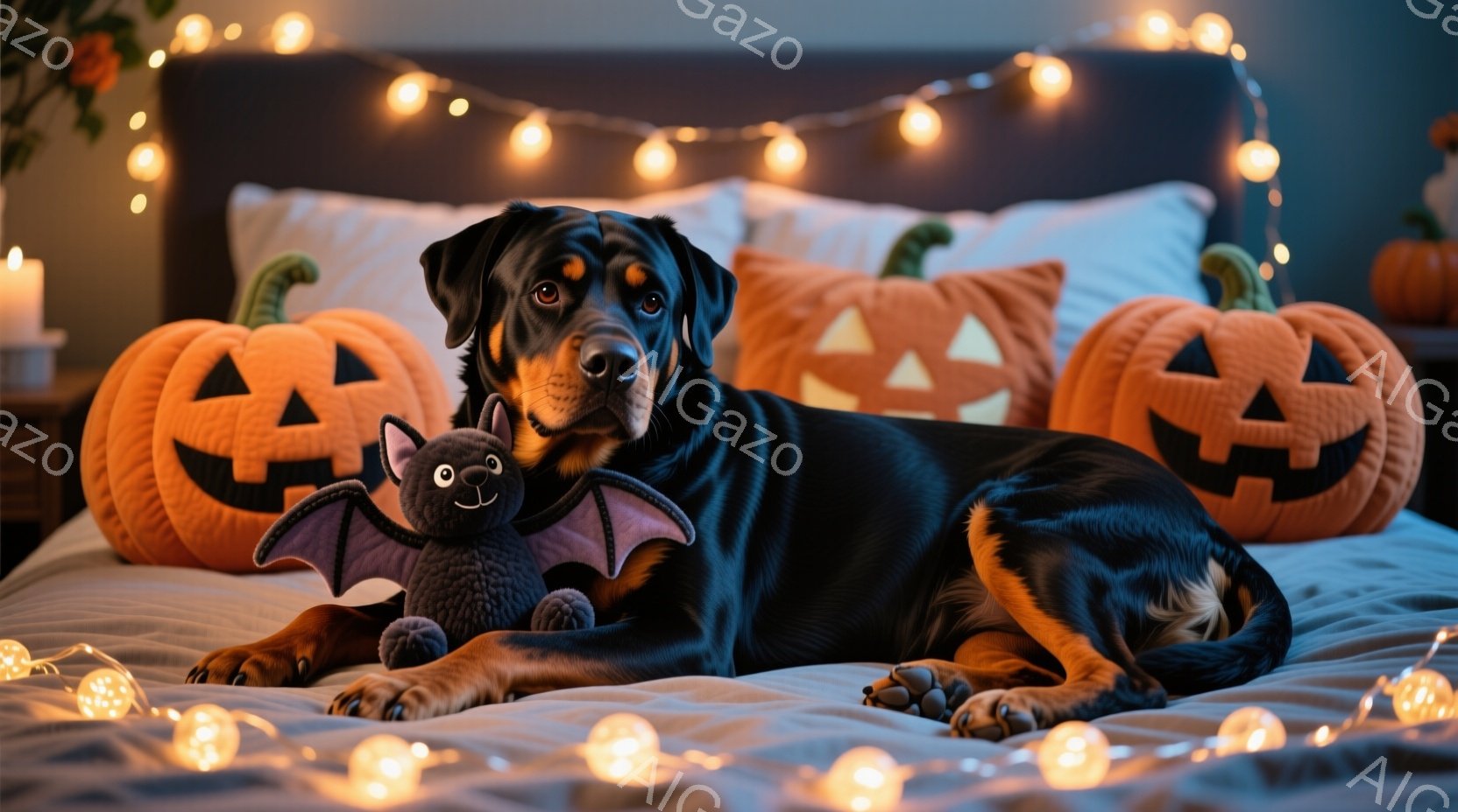 黒い毛並みのドーベルマンが、ハロウィーンをテーマにしたベッドの上でリラックスして横たわっています。オレンジ色のジャック・オー・ランタンの枕と紫色のコウモリのぬいぐるみに囲まれ、温かい光のガーランドがベッドの周りを飾り、居心地の良い雰囲気を作り出しています。犬は穏やかな表情で、ハロウィーンの装飾と相まって、楽しい祝祭の雰囲気を醸し出しています。
