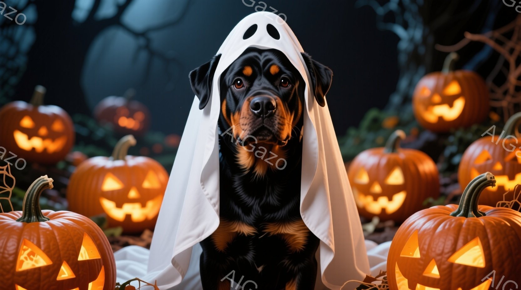 黒い毛並みの犬がハロウィーンの仮装として白い幽霊の衣装を身に着けて正面を見つめています。背景には、様々な大きさのジャック・オー・ランタンが暖かく光っており、ハロウィーンの夜の楽しい雰囲気を醸し出してい - AI生成フリー素材