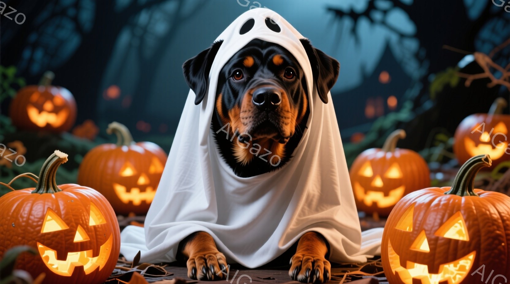 黒い毛並みの大型犬が、白い布を頭から被って幽霊の仮装をしている。犬は正面を向き、少し伏せて座っており、その表情は穏やかで可愛らしい。背景には、彫刻が施されたジャック・オー・ランタンがいくつか並び、暗い - AI生成フリー素材