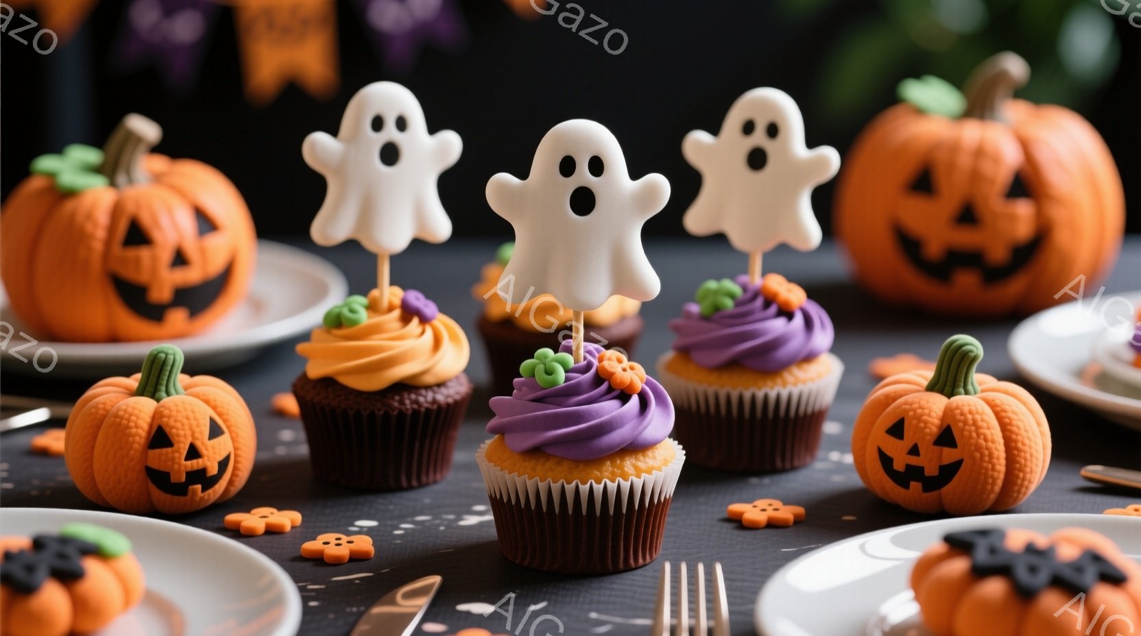ハロウィーンをテーマにしたカップケーキとカボチャのお菓子が並べられています。紫色のクリームが絞られたカップケーキには、お化けの形をしたピックが飾られており、背景にはオレンジ色の小さなカボチャが散りばめ - AI生成フリー素材