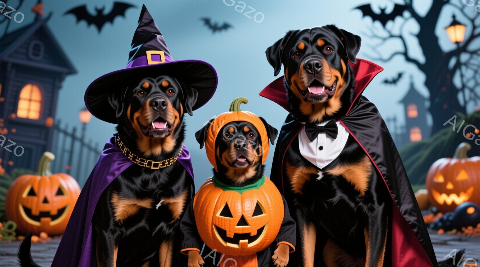 3匹のロットワイラーがハロウィーンの衣装を着て並んでいます。左の犬は紫色の魔女帽子をかぶり、真ん中の犬はジャック・オー・ランタンの衣装を着ており、一番右の犬は黒いマントと蝶ネクタイを身に着けています。 - AI生成フリー素材