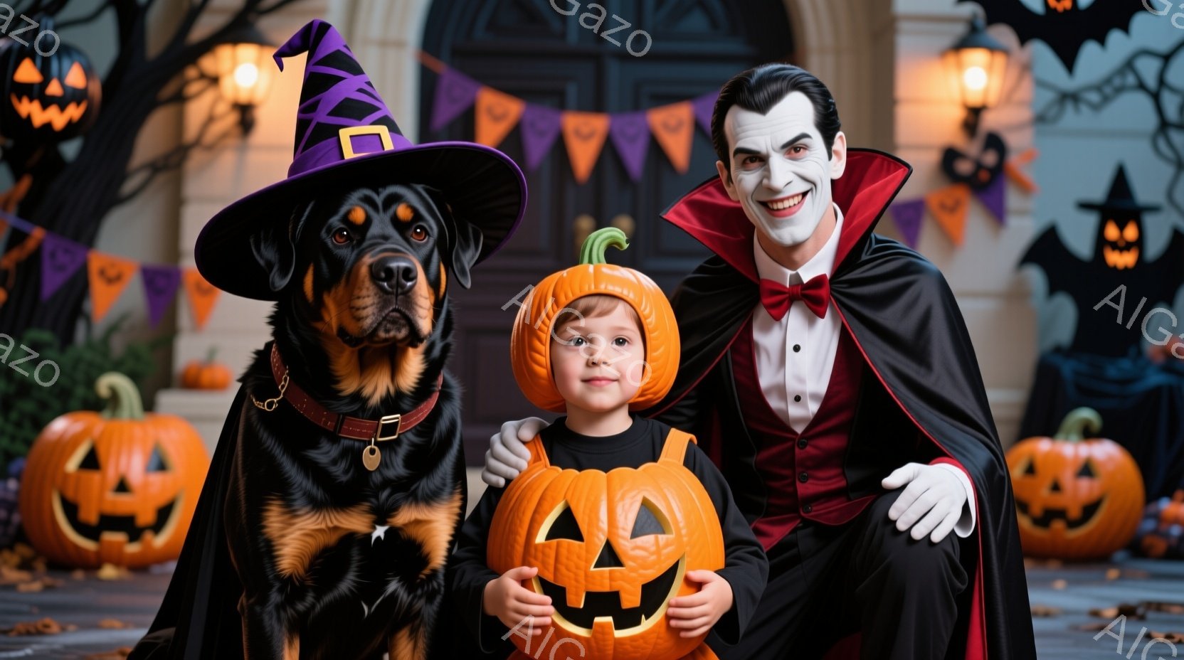 ハロウィーンの装飾が施された家の前に、吸血鬼の衣装を着た男性と、カボチャの帽子を被った子供、そして魔女の帽子を被った黒い犬が並んで立っています。男性は赤いシャツと黒いケープを身につけ、子供はカボチャの - AI生成フリー素材