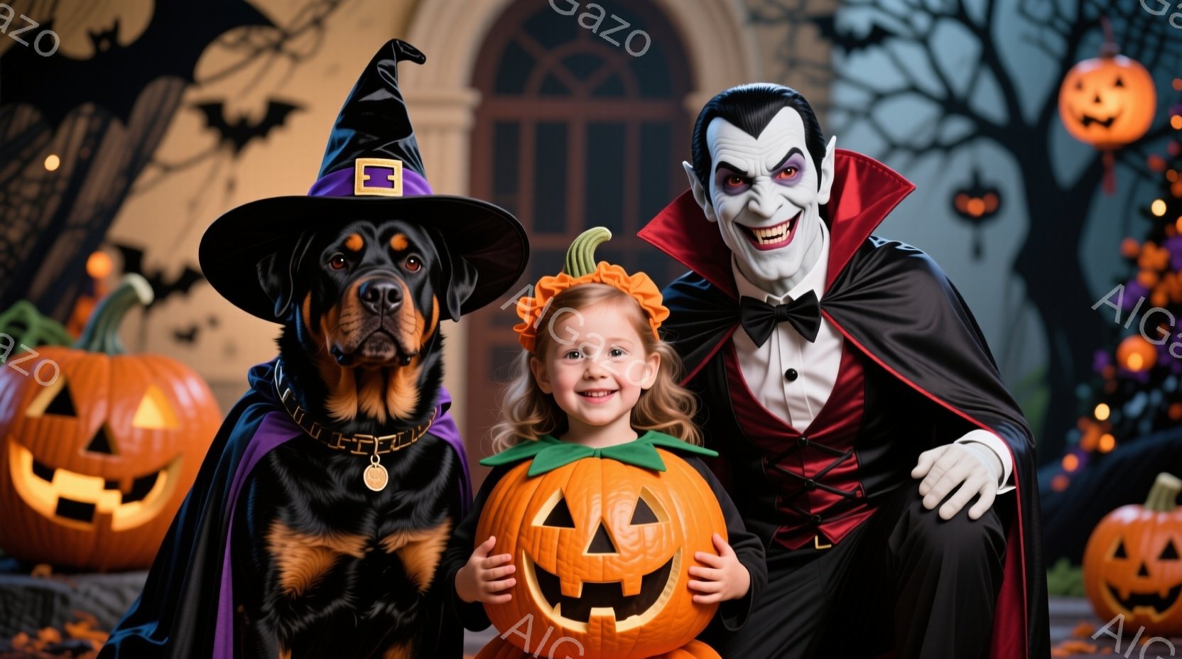 ハロウィーンをテーマにした写真で、帽子をかぶった犬、オレンジ色の髪飾りをつけた少女、そして吸血鬼の衣装を着た男性が写っています。少女は大きなジャック・オ・ランタンを持って微笑んでおり、犬は帽子をかぶっ - AI生成フリー素材