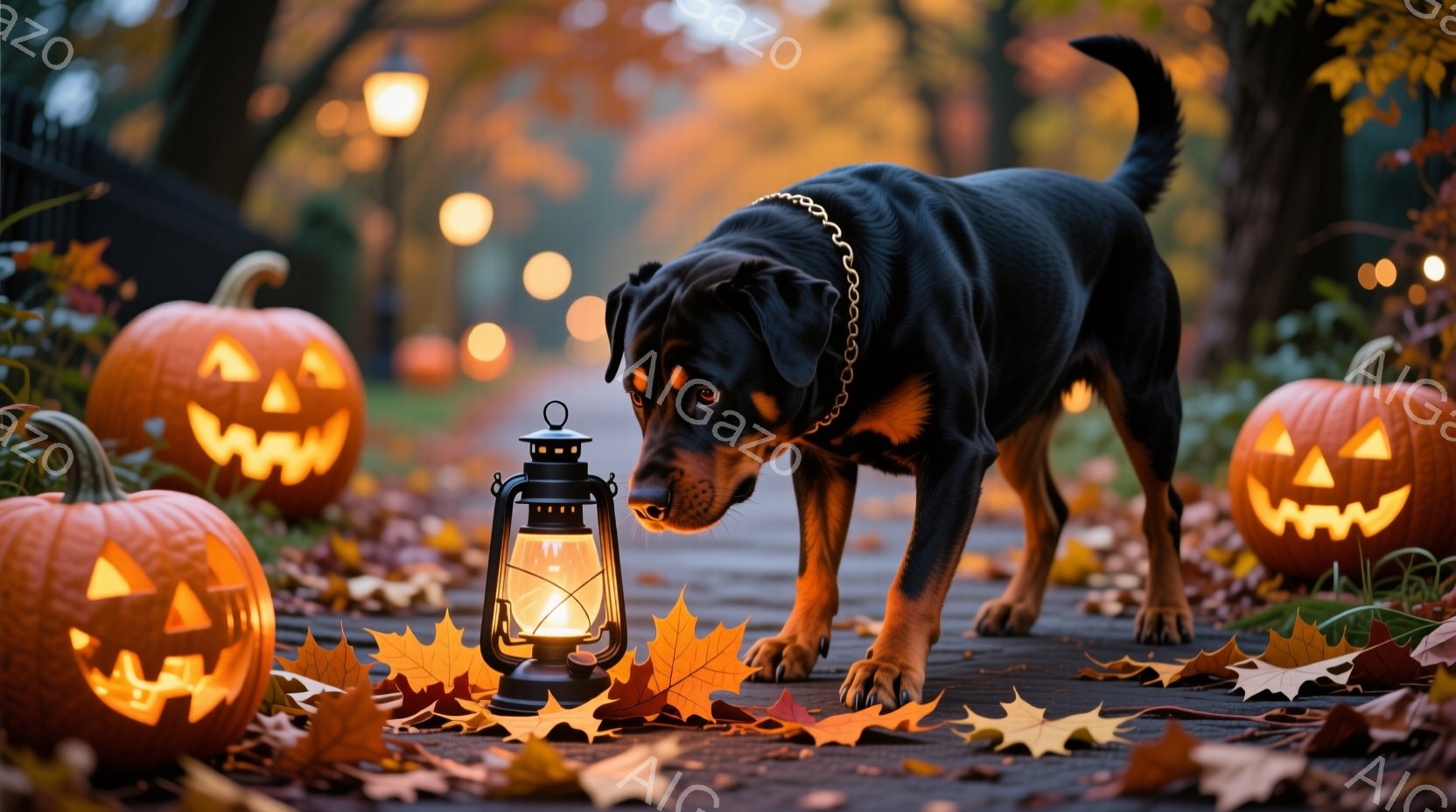 深い茶色の毛並みを持つドーベルマンが、落ち葉が散らばる小道を歩いています。道端にはジャック・オ・ランタンが灯り、古風なランタンも置かれており、ハロウィンの雰囲気です。背景は木々が生い茂り、秋の夕暮れのような暖かく幻想的な光が差し込んでいます。