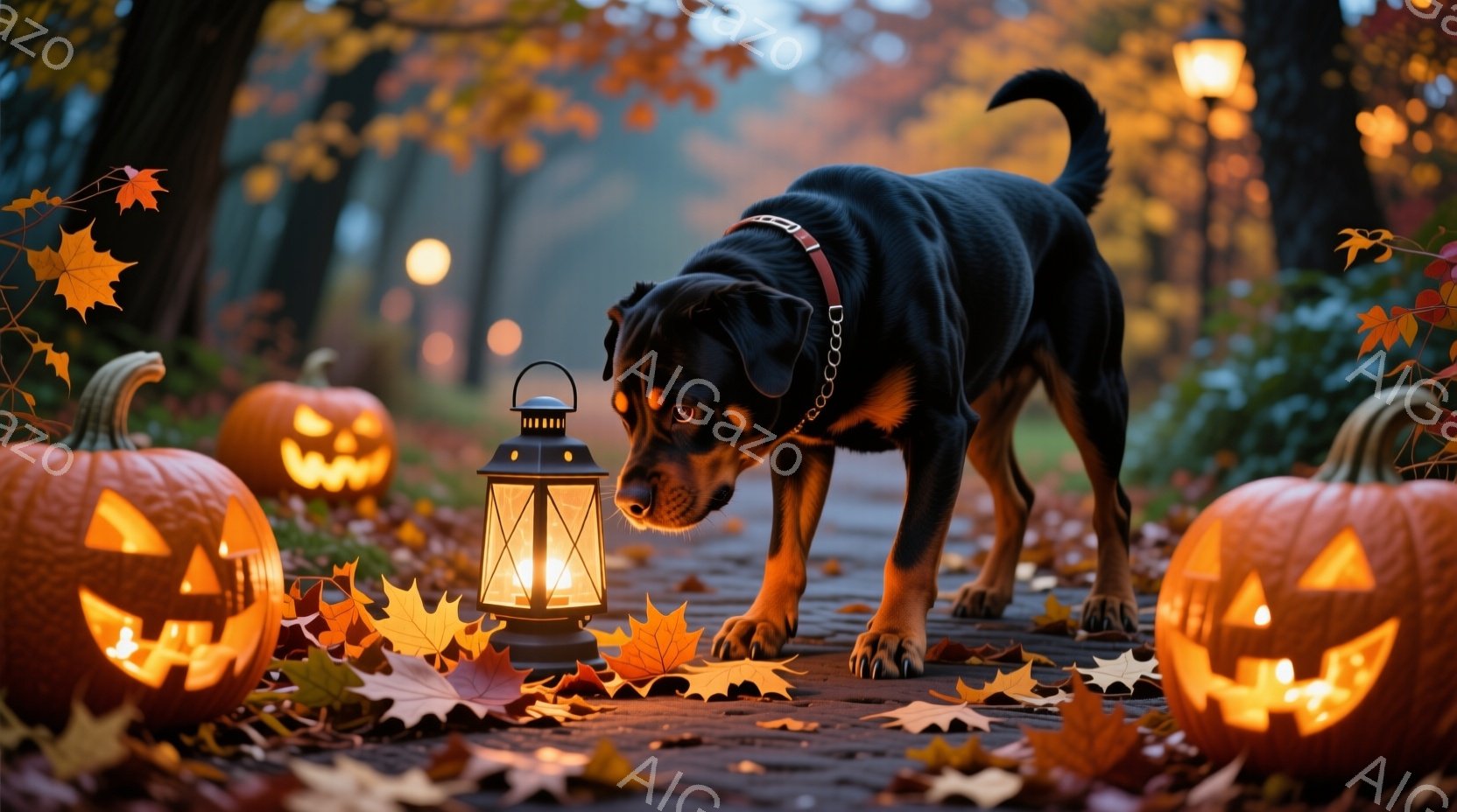 舗装された道に、黒い首輪をつけたドーベルマンが歩いている。道の両側には、ジャック・オー・ランタンが置かれ、落ち葉が散らばっている。背景には、ぼんやりと見える木々と、遠くの灯りが暖かく、ハロウィーンの雰囲気を感じさせる。