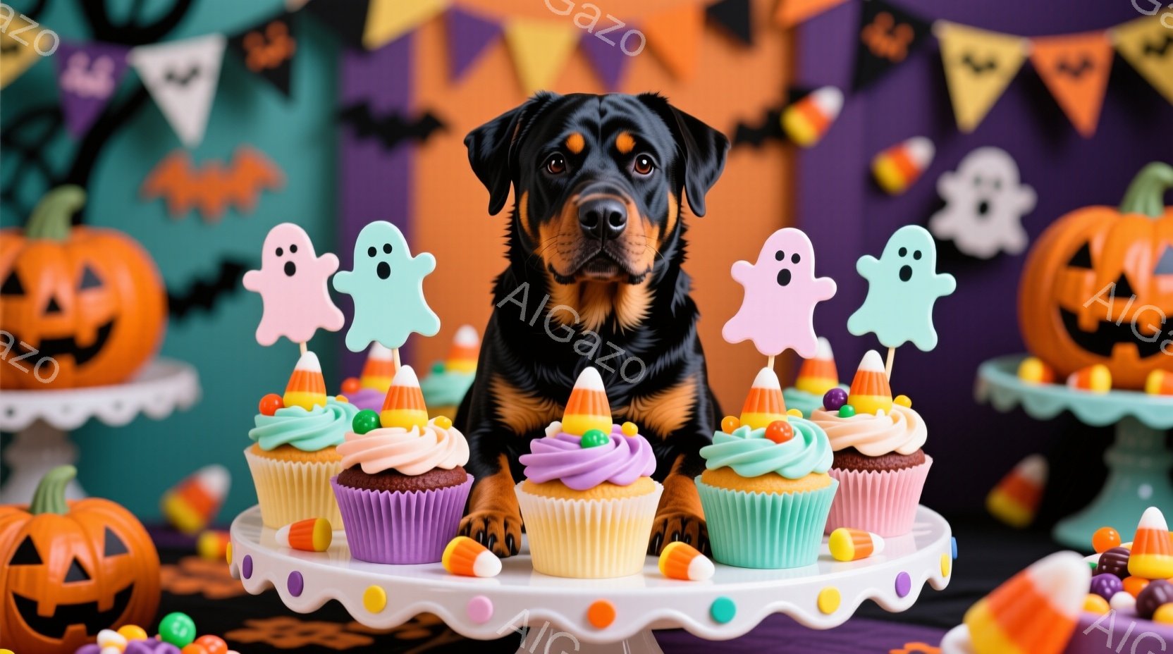 黒い毛並みのドーベルマンが、ハロウィーンをテーマにしたカップケーキのケーキスタンドの前に座っています。カップケーキは紫色とピンク色で、それぞれにキャンディコーンや幽霊の飾りがあります。背景には、オレン - AI生成フリー素材