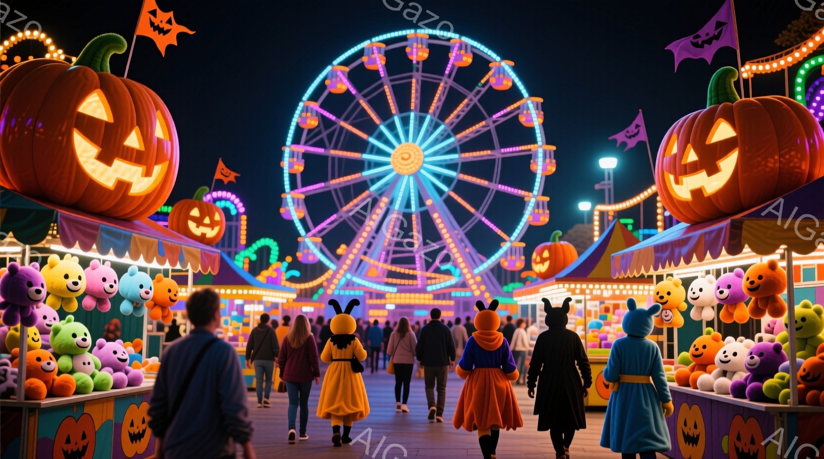 夜の遊園地で、多くの人々が賑やかに歩き回っています。ハロウィンの装飾が施されたゲームブースが並び、巨大なカボチャのオブジェが光を放っています。背景には、鮮やかな紫色の光を放つ観覧車が聳え立ち、全体的に楽しげで活気のある雰囲気が漂っています。