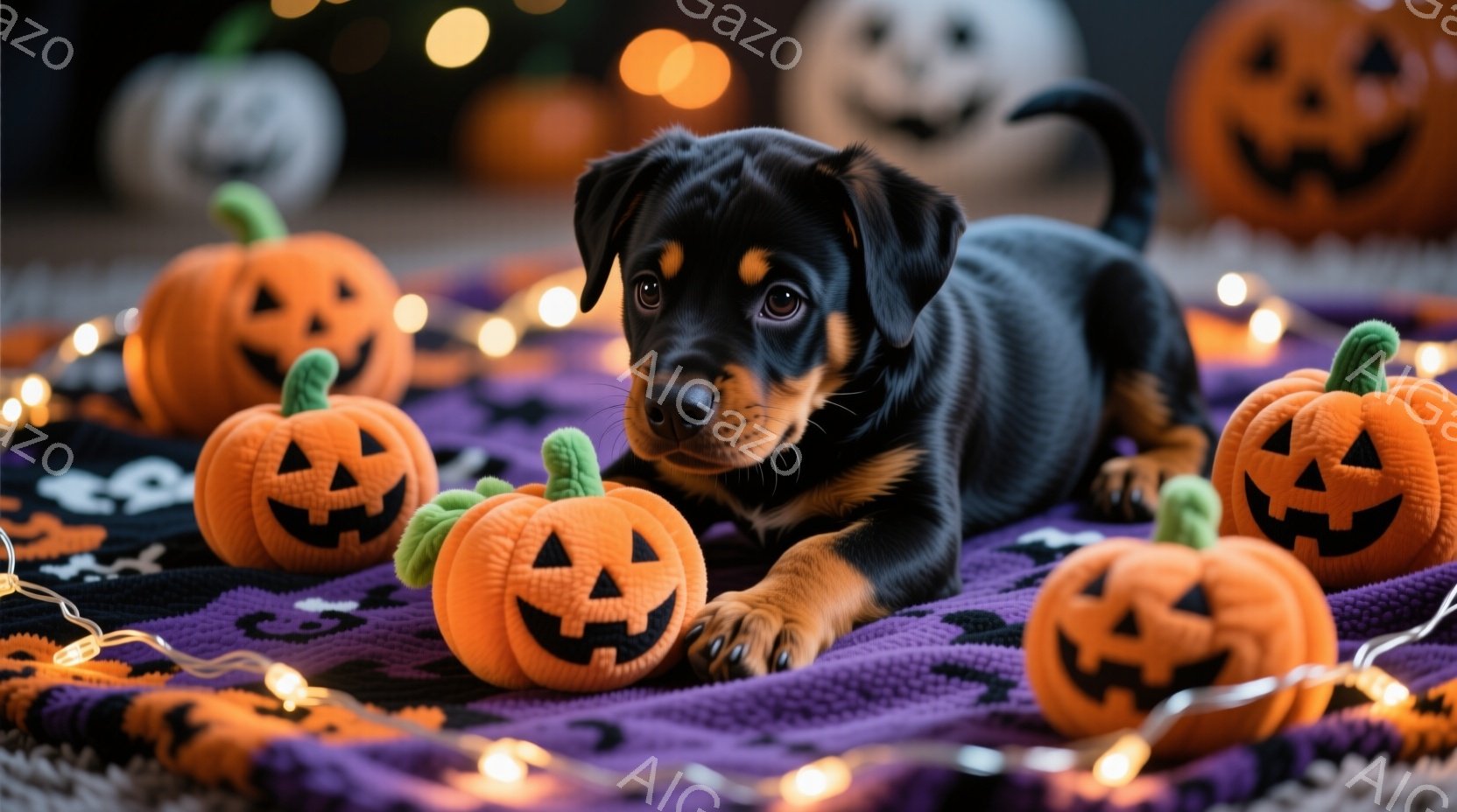 黒と茶色の毛並みを持つ子犬が、ハロウィーンをテーマにした紫色の毛布の上に横たわっています。オレンジ色のジャック・オー・ランタンのぬいぐるみや、ぼんやりと光るハロウィーンライトに囲まれており、かわいらしい雰囲気です。子犬は正面を見ており、好奇心と無邪気さが感じられます。