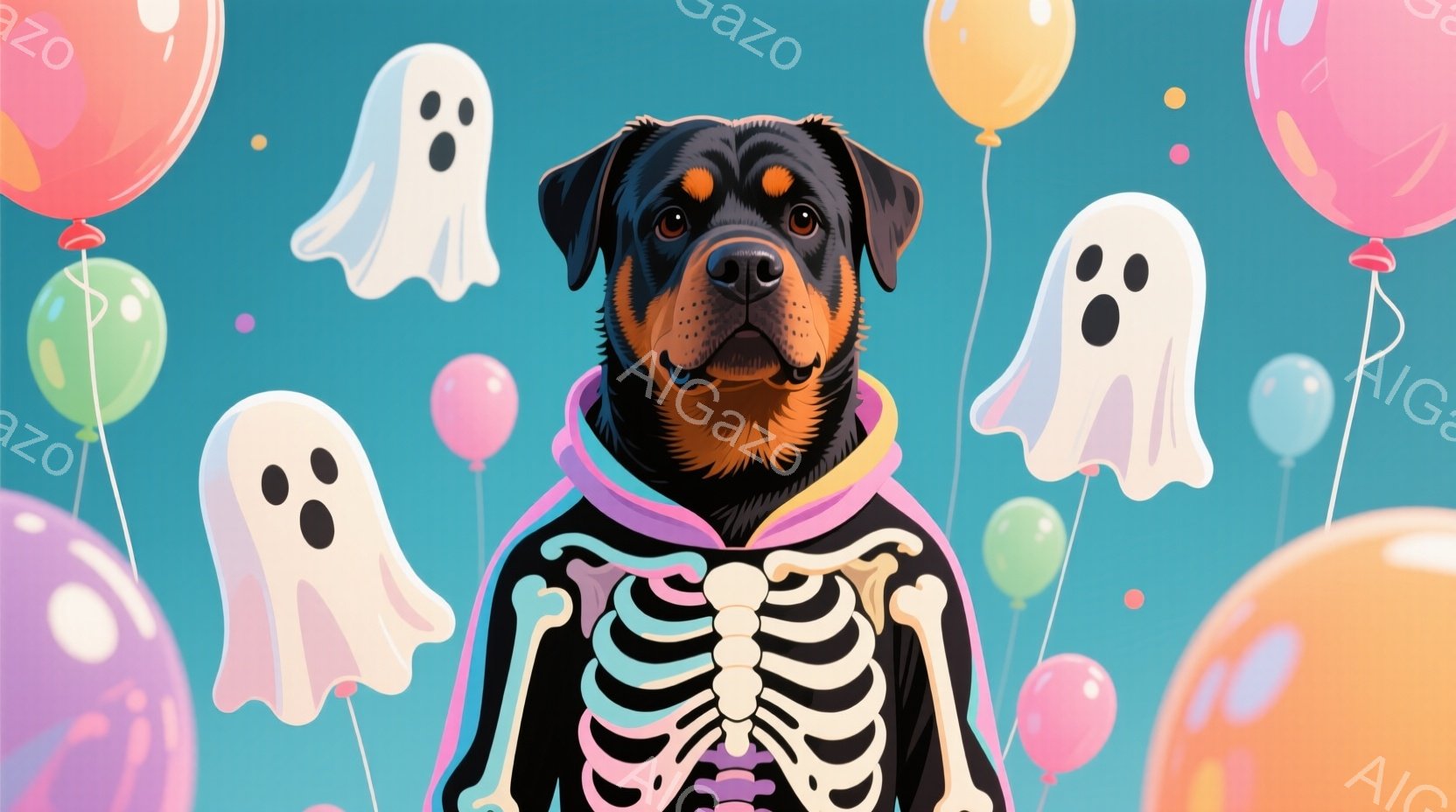 黒い毛並みのドーベルマンが、ハロウィーンをテーマにした骨格のコスチュームを着ています。その表情は穏やかで、少しいたずらっぽい笑みを浮かべているように見えます。背景には、ピンク、緑、紫、水色の風船と、白 - AI生成フリー素材