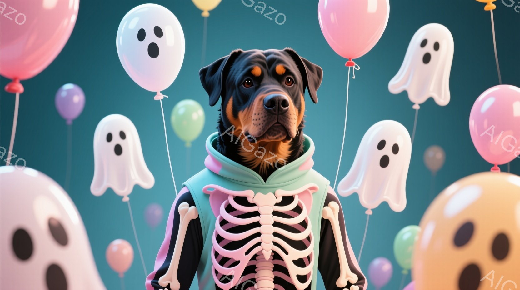 黒い毛並みのドーベルマン犬が、骨格柄のパーカーを着て正面を見つめています。背景には、白、オレンジ、紫、緑色の幽霊の形をした風船が多数浮かび、ハロウィーンのようなお祭りの雰囲気を醸し出しています。犬は落ち着いた表情で、お祝いの雰囲気に溶け込んでいます。