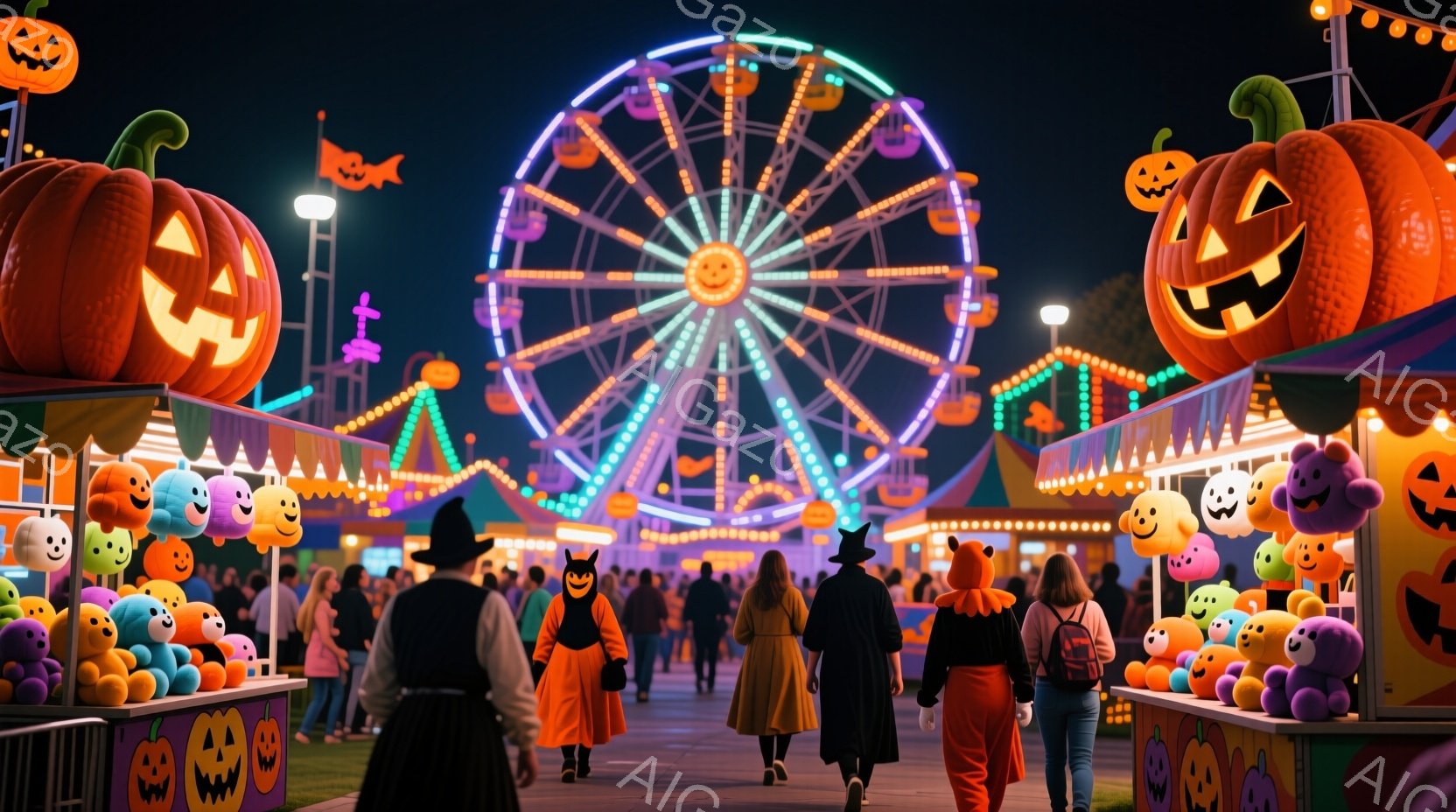 夜の遊園地では、ハロウィーンの装飾が施された屋台が並び、多くの人々が仮装をして楽しんでいる。観覧車がライトアップされ、背景を明るく照らし、オレンジ、黒、紫の衣装を身につけた人々が歩いている。全体的に、 - AI生成フリー素材