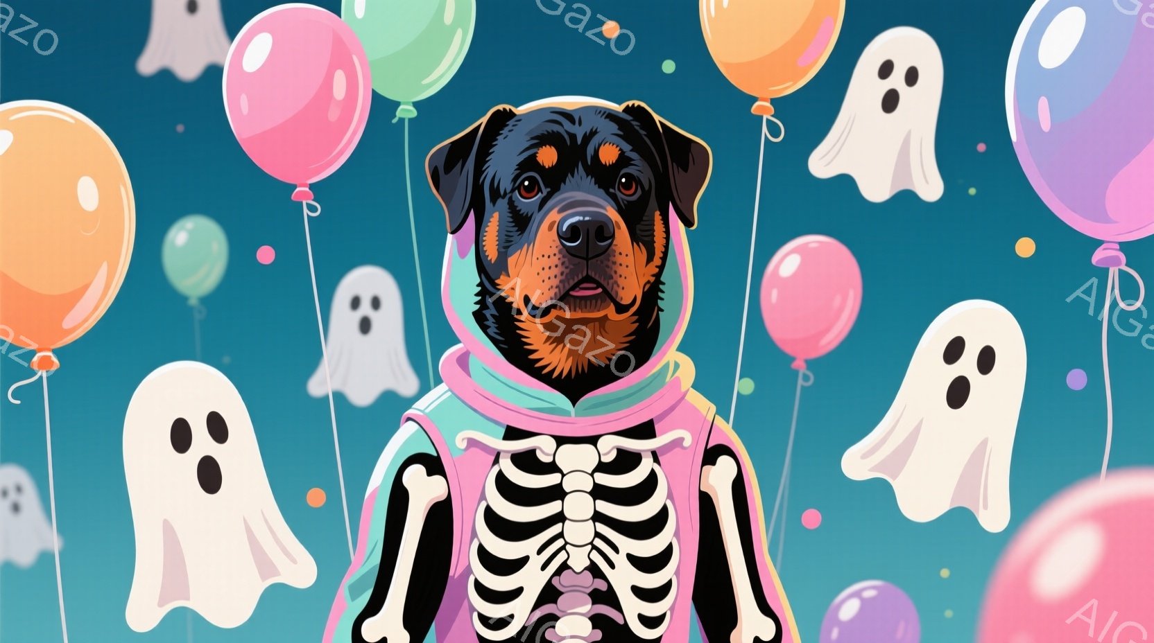 黒い毛並みのドーベルマンが、骸骨模様のフード付きケープを着ています。自信に満ちた表情で正面を見つめており、ハロウィーンの装飾である幽霊や風船が背景に散りばめられています。全体的に、陽気で遊び心のあるハロウィーンの雰囲気が漂っています。