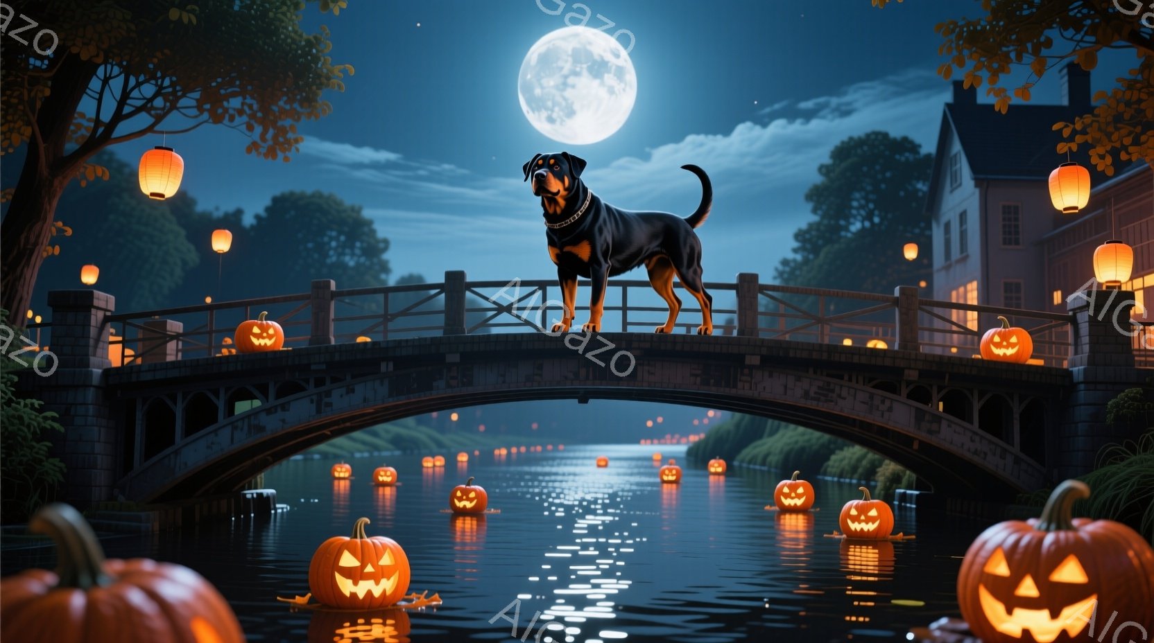 アーチ型の橋の上に、首輪をつけた黒いドーベルマンが堂々と立っている。橋の下の池には、不気味な光を放つたくさんのジャック・オー・ランタンが浮かび、背景には暗いシルエットの建物が見える。満月が空に輝き、全 - AI生成フリー素材