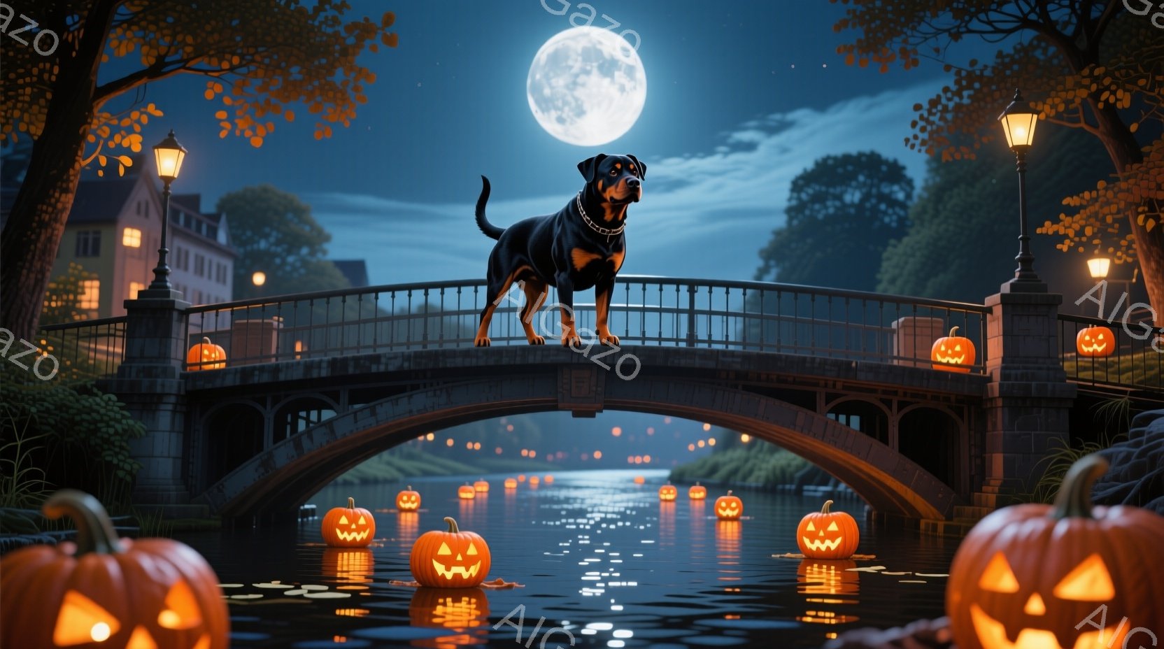 満月の夜、アーチ橋の上には、黒い毛並みのドーベルマンが立っている。橋の下の川には、たくさんのジャック・オー・ランタンが浮かび、その光が水面に反射している。背景には、薄暗い建物と木々が見え、ハロウィーンの神秘的で少し不気味な雰囲気を醸し出している。