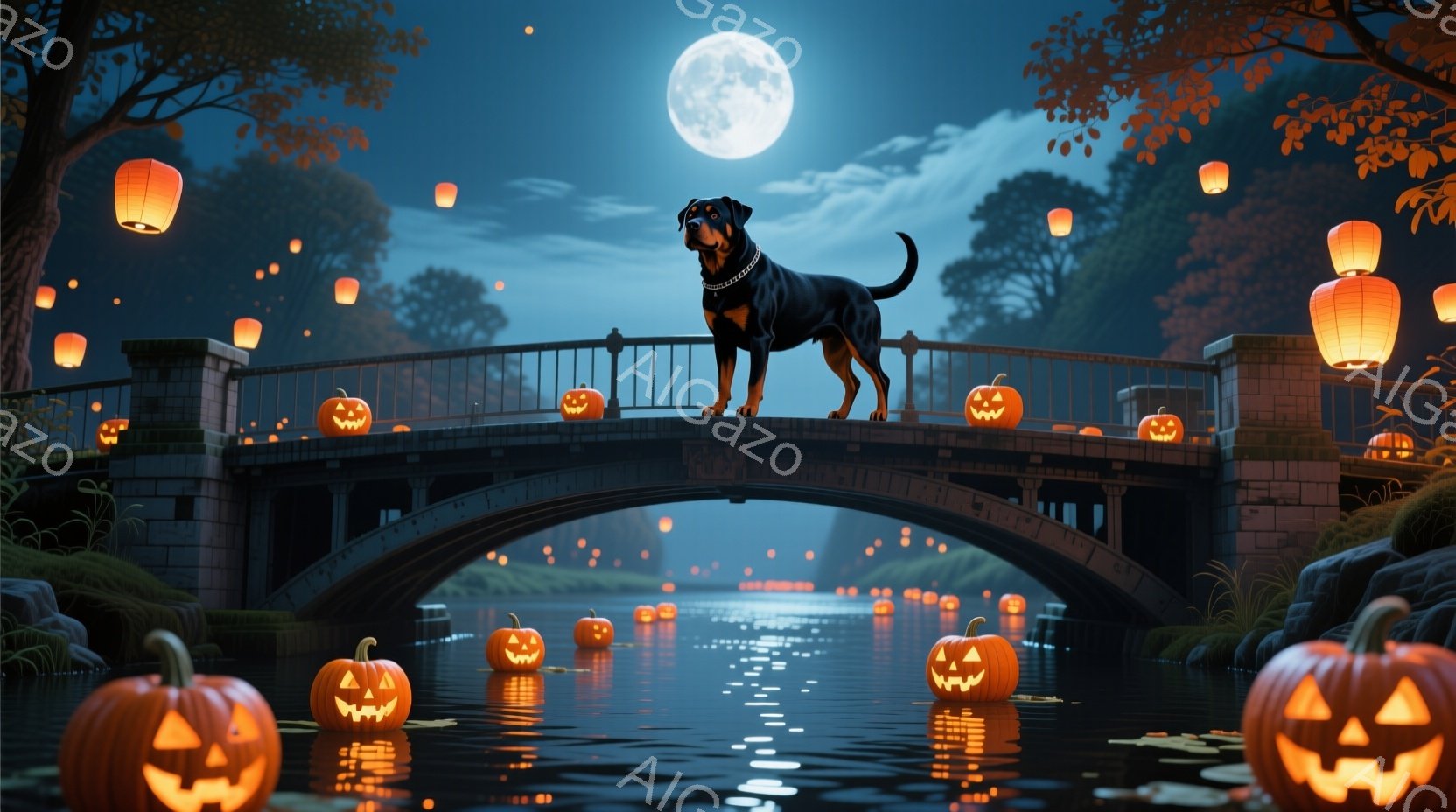 アーチ橋の上で、黒い犬が堂々と立っており、周囲にはジャック・オー・ランタンが浮かぶ水面が広がっています。満月の夜空と、オレンジ色の光が幻想的な雰囲気を醸し出しており、水面には光の反射が星のように輝いています。橋の周りには木々が茂り、ハロウィーンらしい趣のある景色が広がっています。