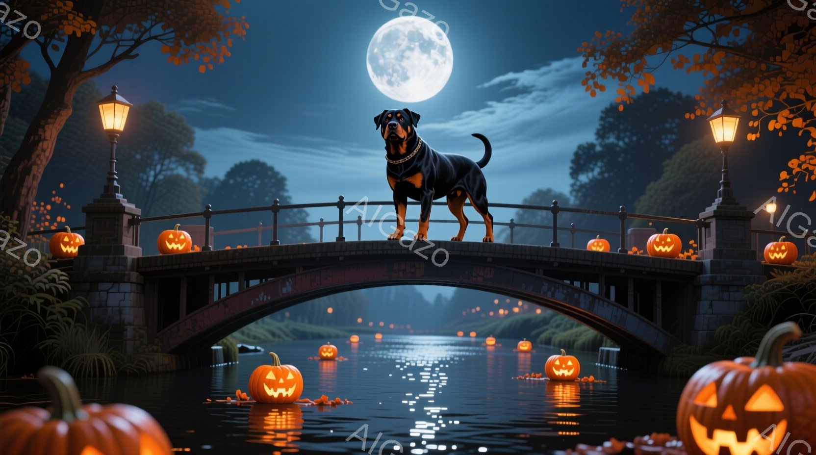 アーチ型の石橋の上には、堂々とした黒いドーベルマンが立っており、周囲にはハロウィーンの象徴であるジャック・オー・ランタンが水面に浮かび、不気味な光を放っています。満月が夜空を照らし、水面に反射して幻想 - AI生成フリー素材