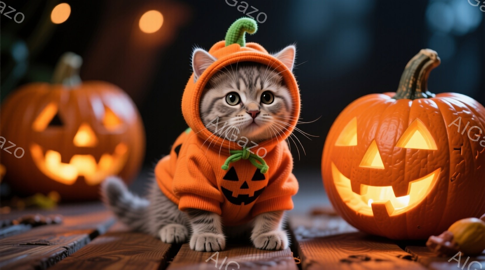 小さな灰色の子猫が、ハロウィンのカボチャの衣装を着て、木の板の上に座っています。衣装はオレンジ色で、カボチャの顔がデザインされています。背景には、点灯したジャック・オー・ランタンが２つあり、ハロウィー - AI生成フリー素材