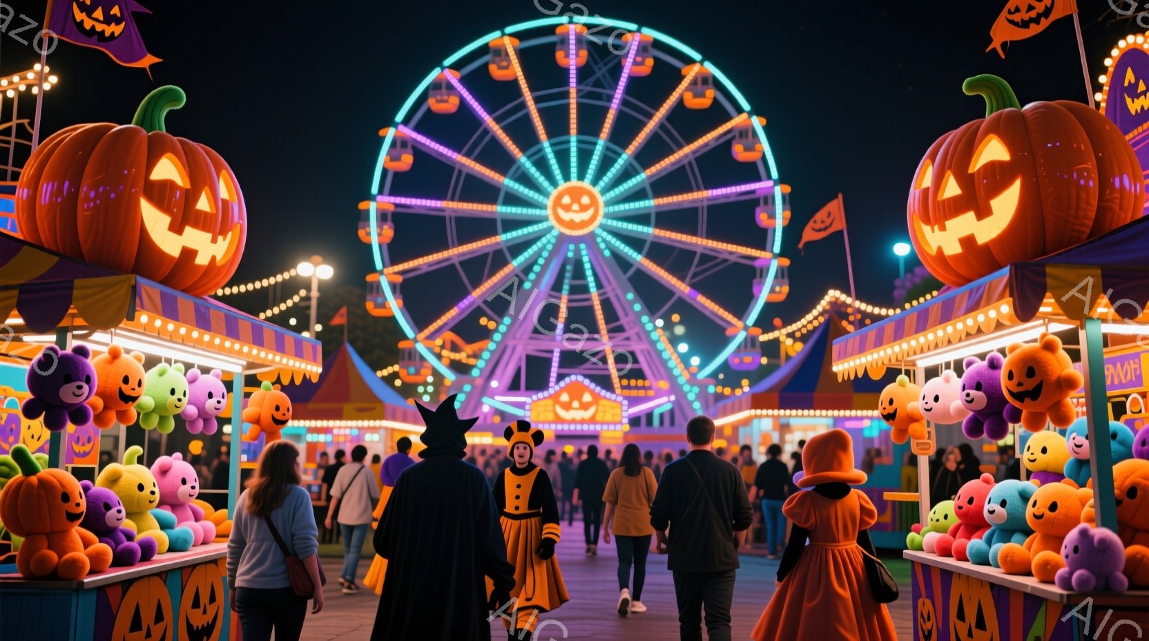 ハロウィーンの夜の遊園地で、人々が仮装をして楽しんでいます。背景には、カラフルな光を放つ観覧車が聳え立ち、屋台にはカボチャのランタンや可愛らしいぬいぐるみが飾られています。全体的に、賑やかで楽しいハロ - AI生成フリー素材